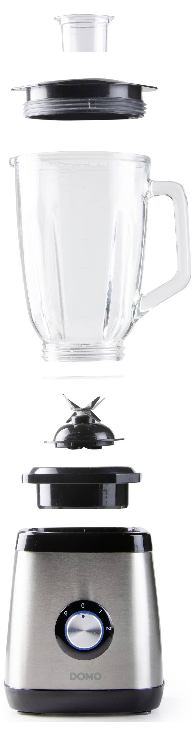 Een mixer in onderdelen: deksel, glazen kan, mesaansluiting en basis, verticaal gerangschikt. Ideaal voor drankjes en soepen.