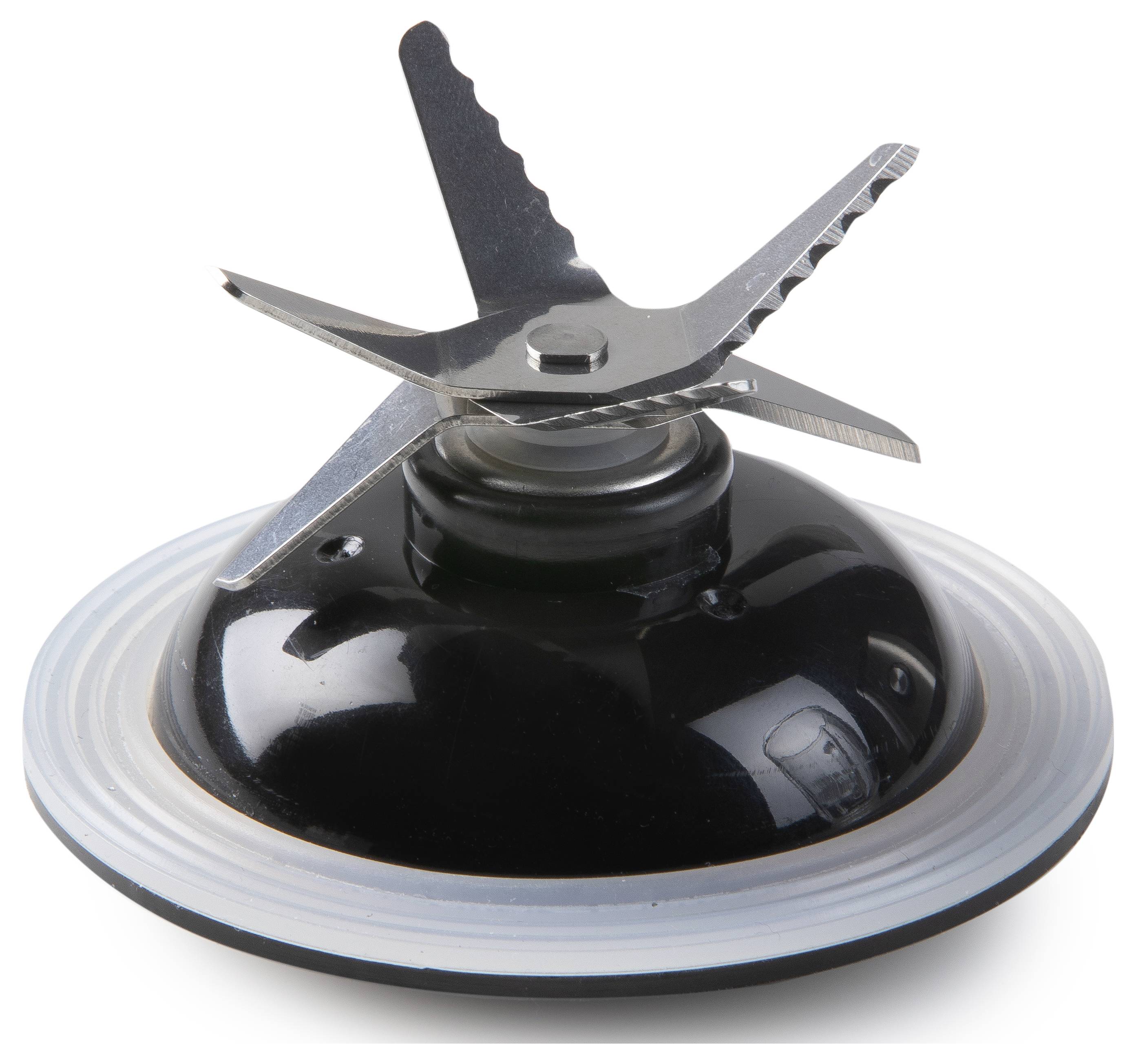 Een metalen snijmes met drie getande messen, gemonteerd op een rond zwart voetstuk, vermoedelijk voor een blender.