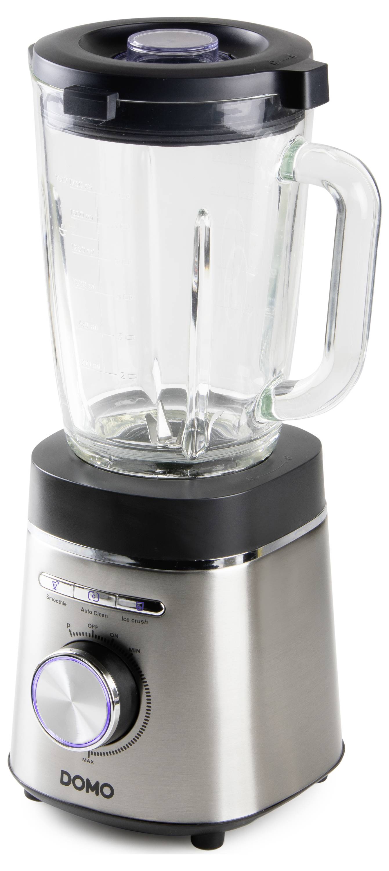 Een zilveren staande blender met glazen kom en zwarte deksel. De blender heeft een draaiknop voor snelheidsregeling.
