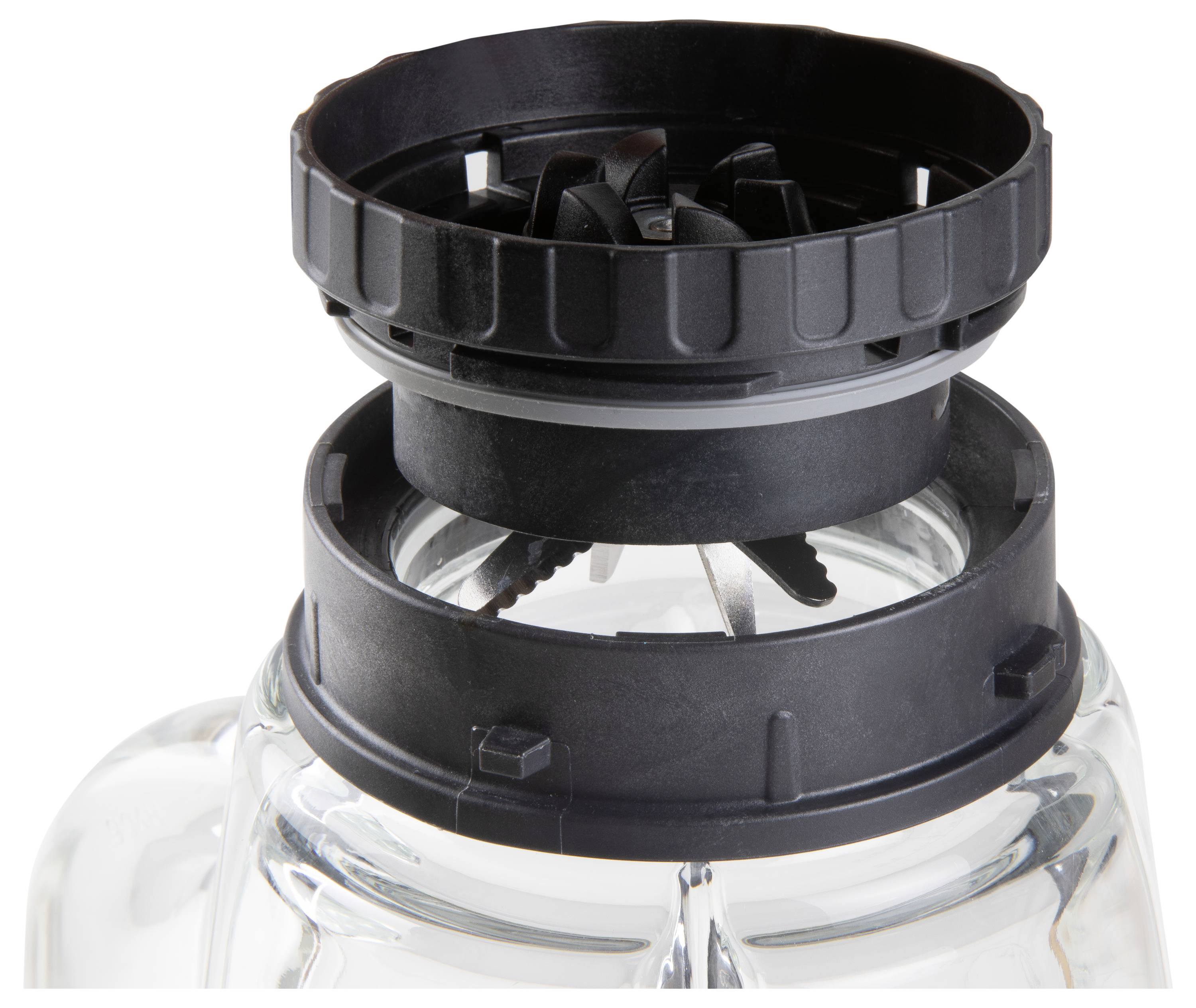 Een mengbekerdeksel van glas met een zwarte kunststof deksel en geïntegreerd snijmechanisme.