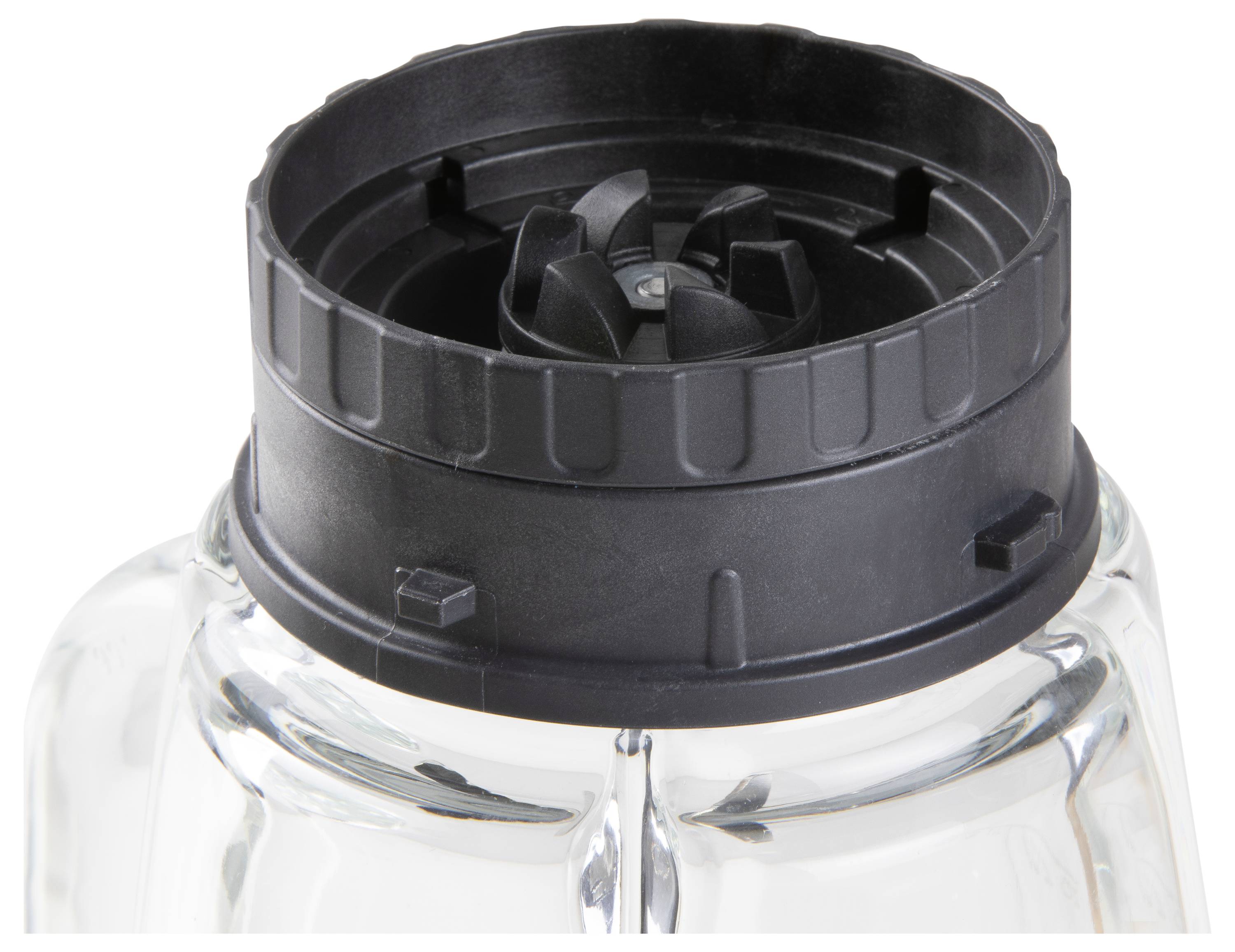 Een glazen mengbeker met een zwarte draaideksel en geïntegreerde messen.