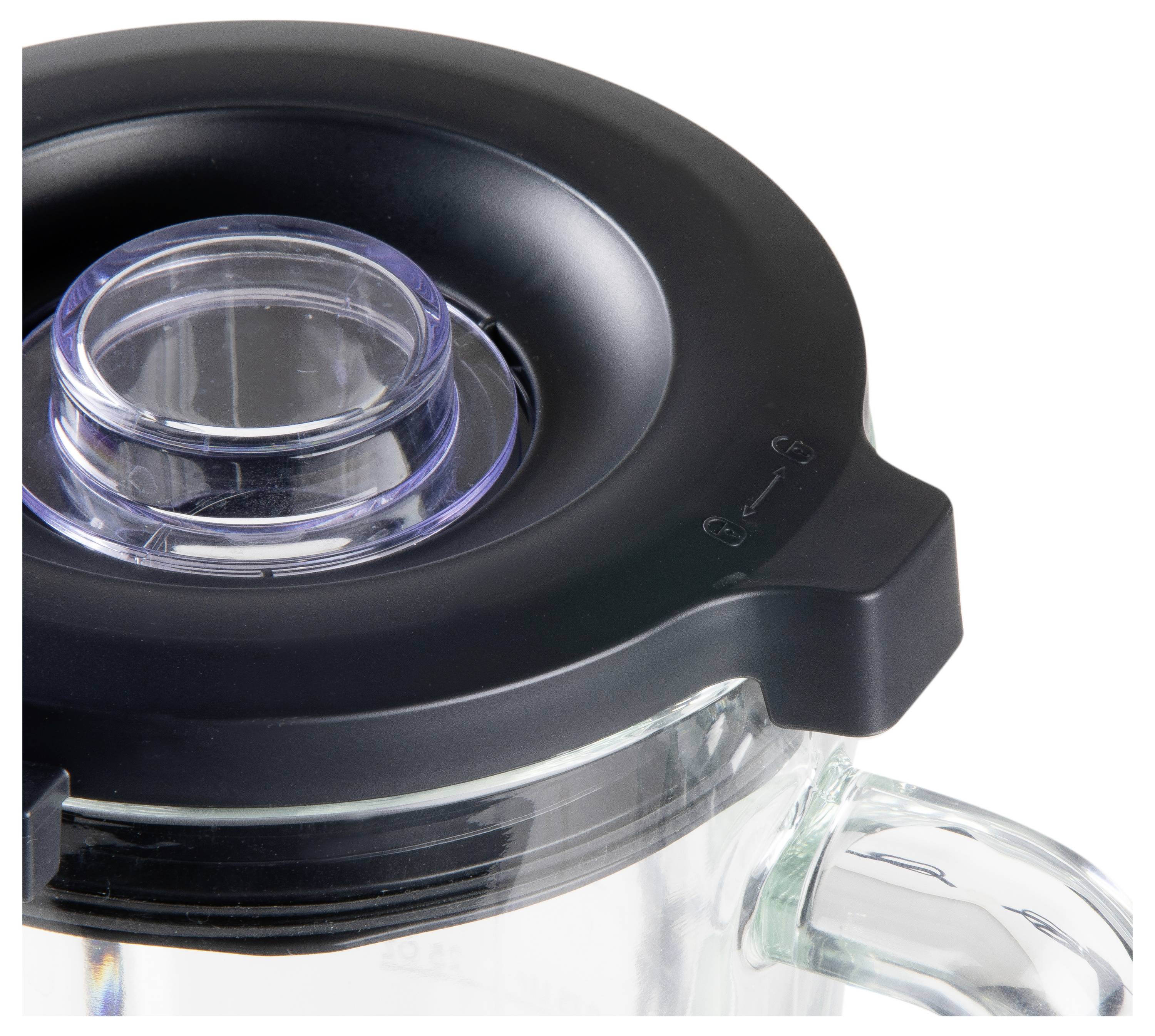Glazen pot met zwarte deksel en transparente, verwijderbare kunststof inzet in het midden, geschikt voor blender.