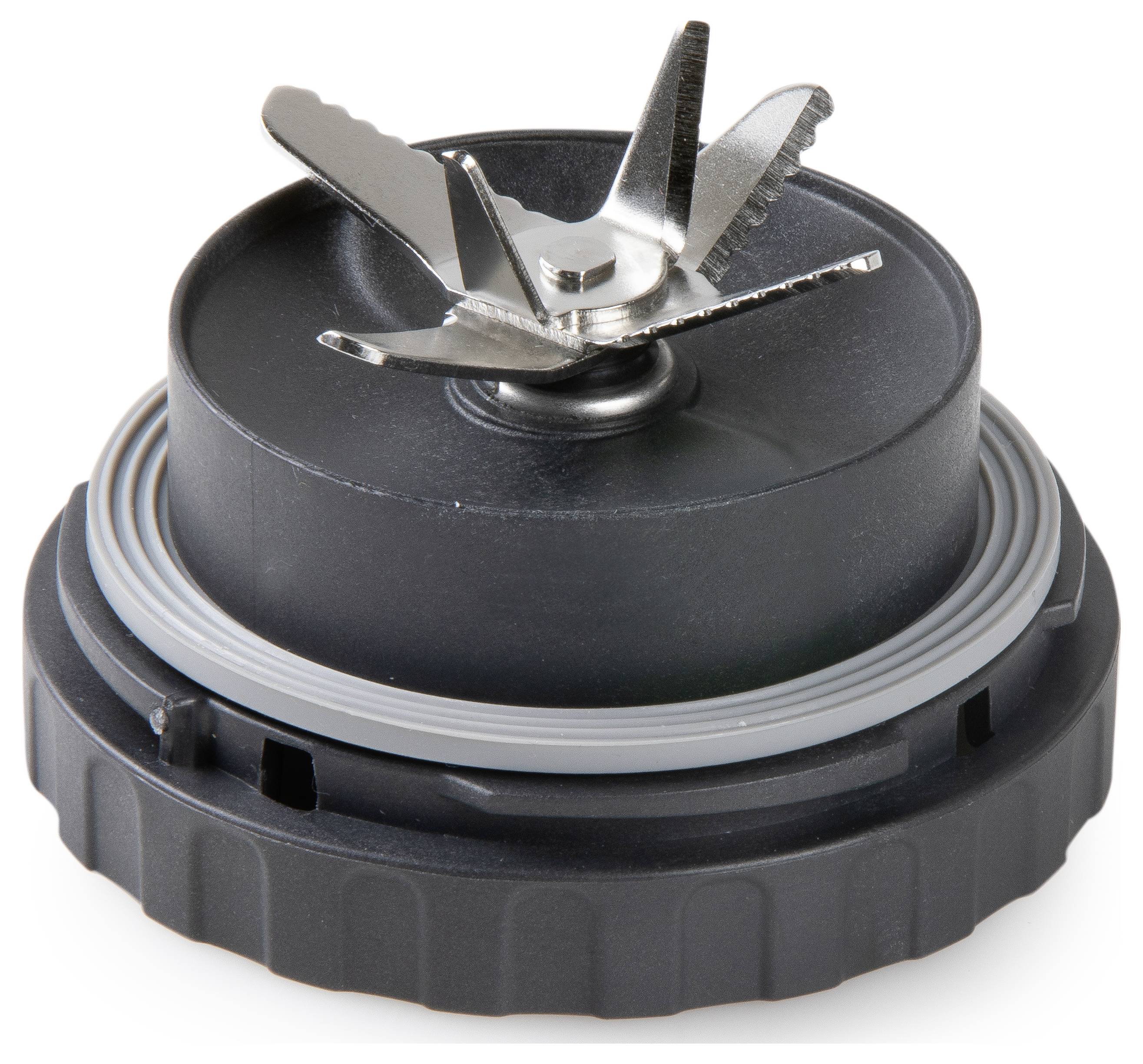 Zwarte blenderopzetstuk met metalen messen in een kruislingse configuratie, gebruikt voor het verkleinen of mengen van voedsel.