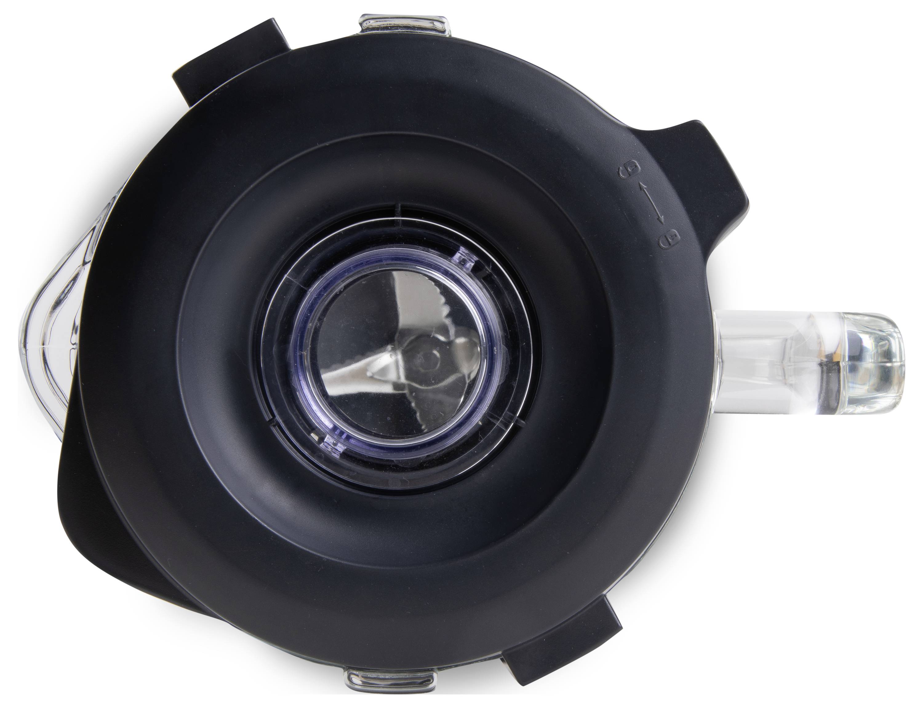 Een zwarte mixerdeksel met een centrale, transparante opening en handgreep. Bovenaanzicht.