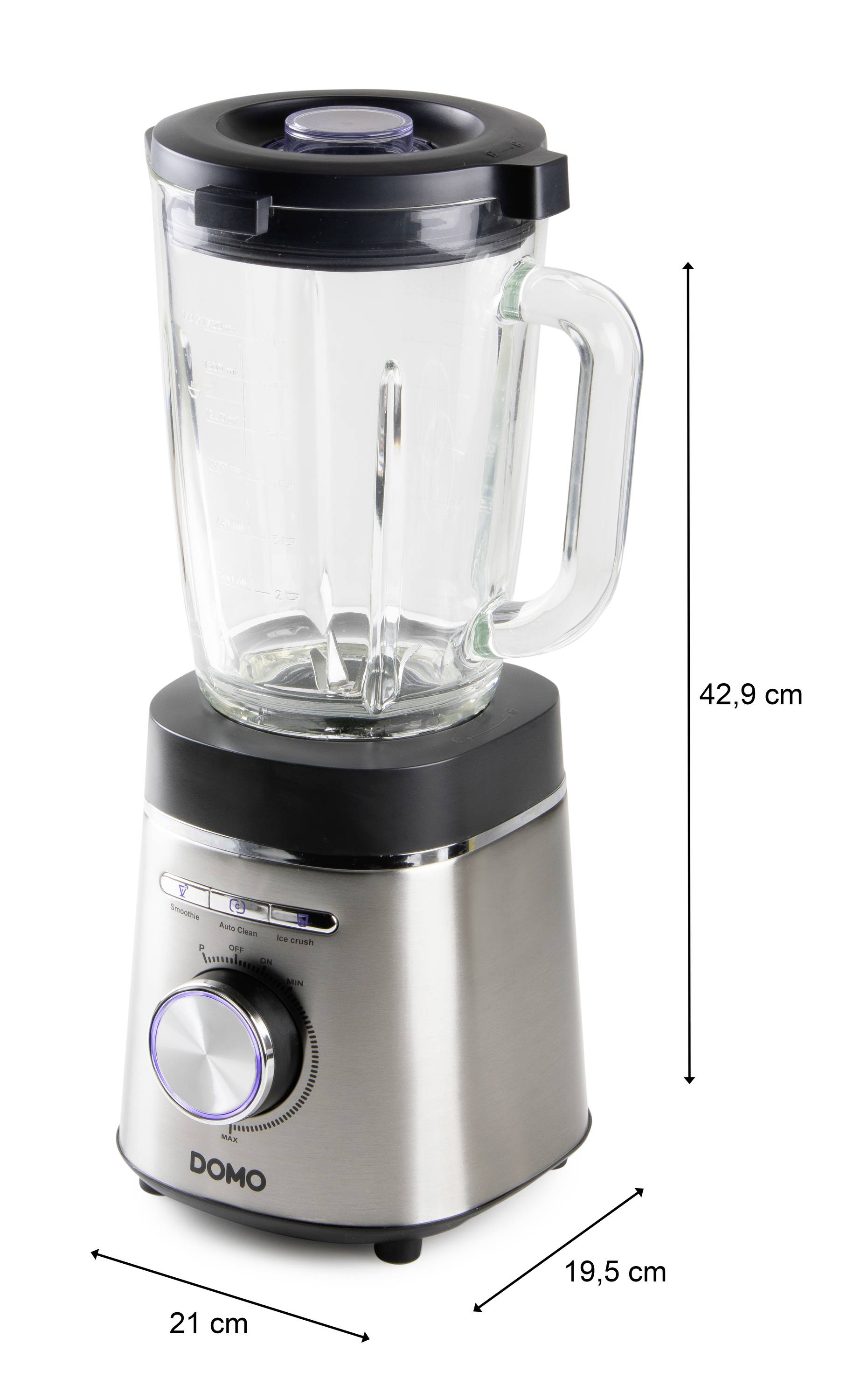 Een elektrische staande blender van roestvrij staal met glazen kan en bedieningselementen. Afmetingen: 42,9 cm hoog, voet 21 x 19,5 cm.