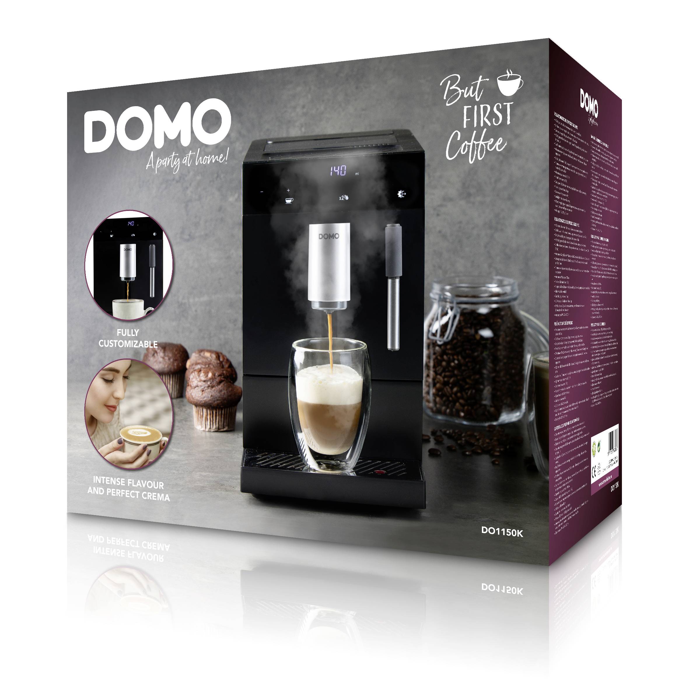 'DOMO' koffiemachine op verpakking getoond, met een kopje cappuccino. Trefwoorden: 'Volledig aanpasbaar', 'Intensief aroma en perfecte crema'.