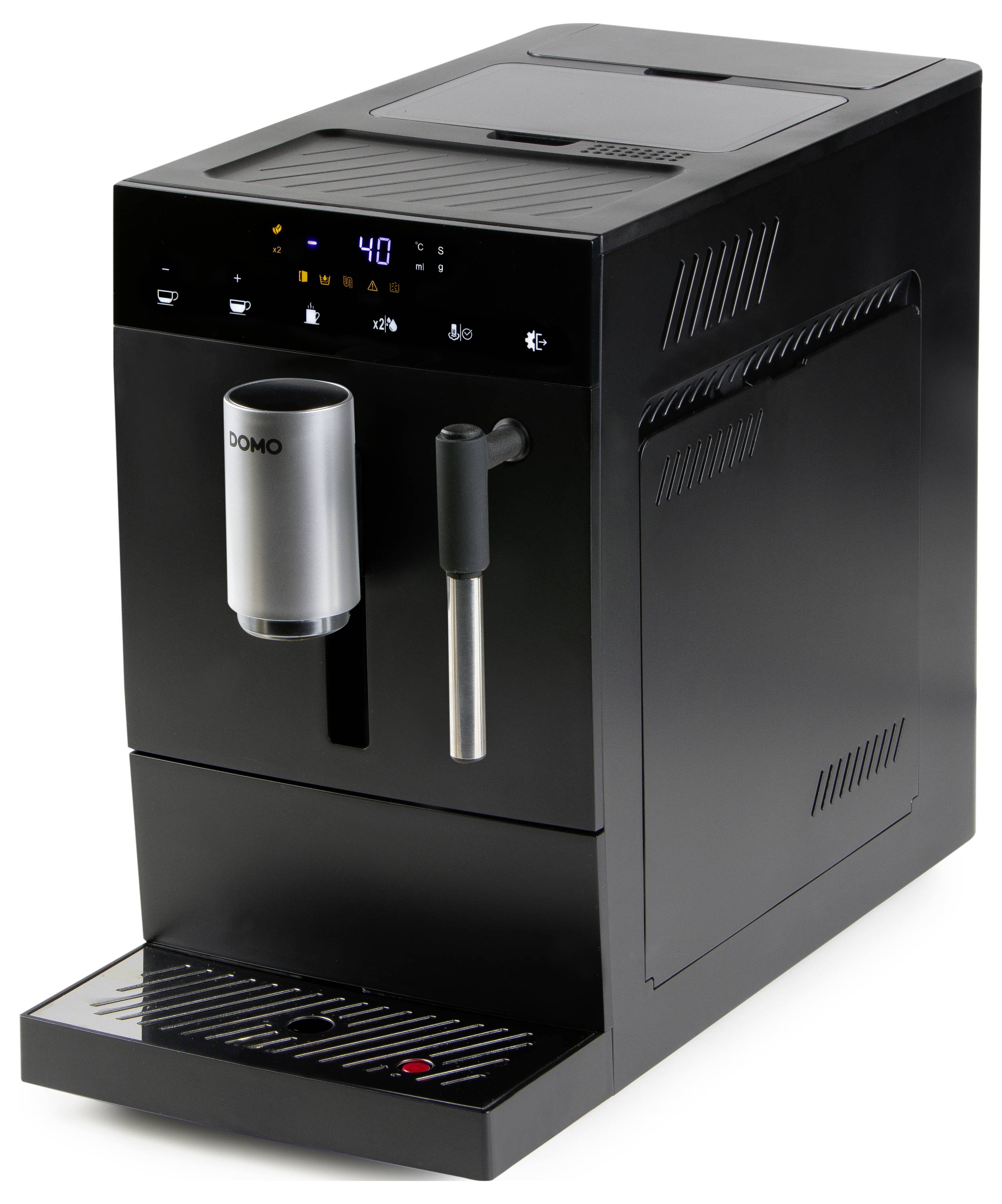 Zwarte koffiemachine met zilveren uitloop en stoomstang. LED-display toont bedrijfsstatus. Elegant en modern ontworpen.