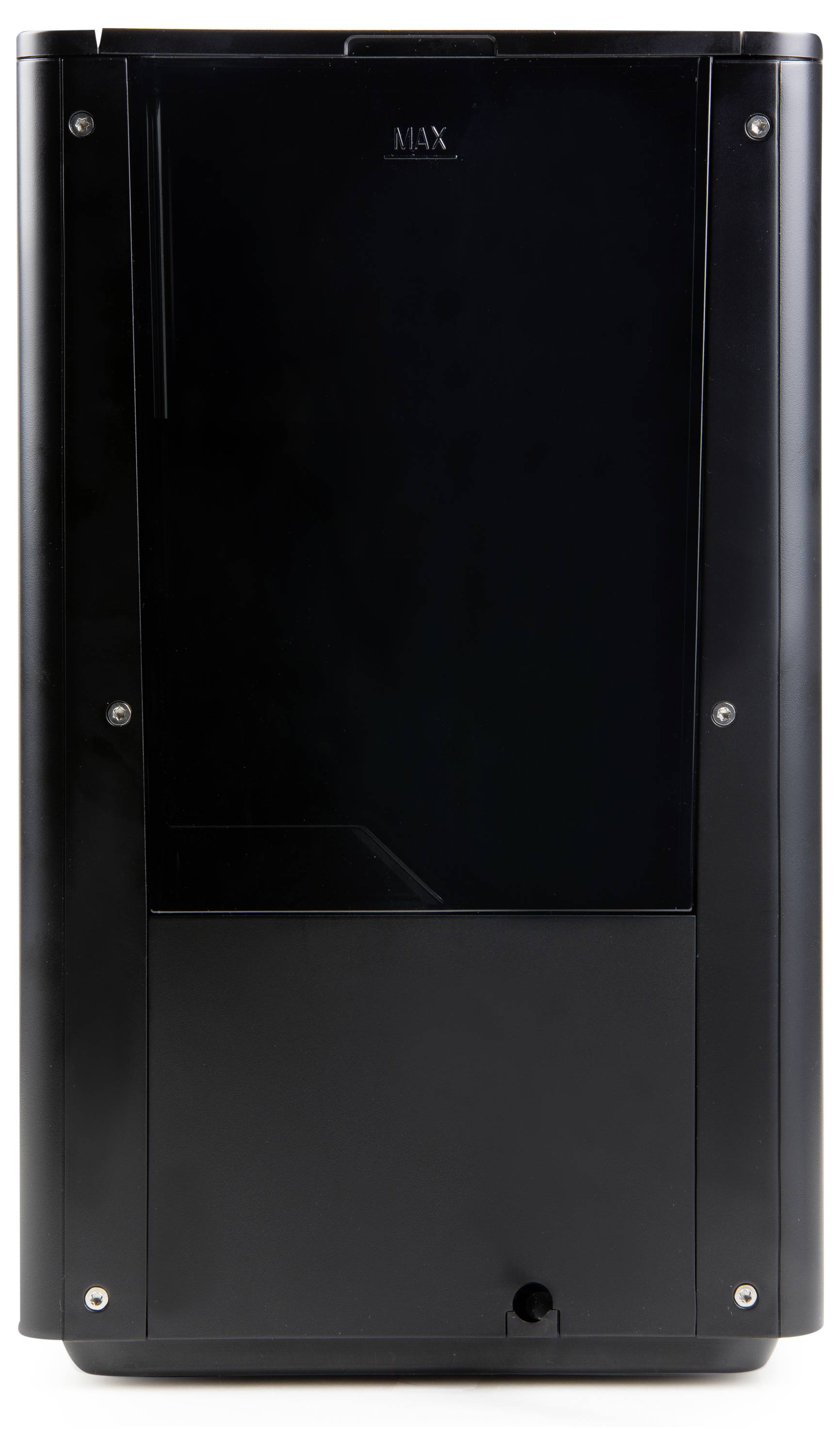 Een zwarte, rechthoekige elektronische apparaattoren met een gladde oppervlakte en gestructureerde details.