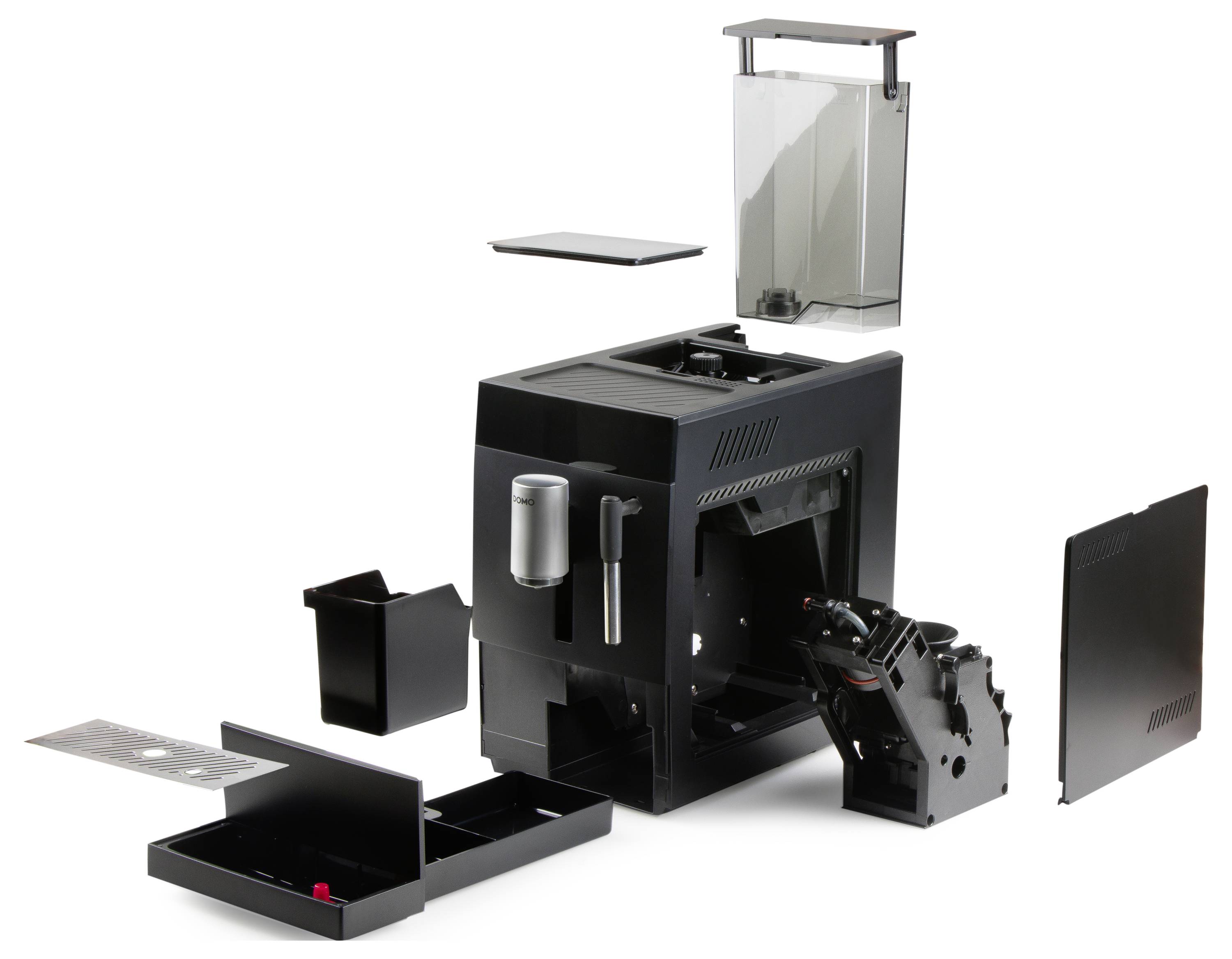 Uit elkaar gehaalde koffiemachine met zichtbare onderdelen: waterreservoir, bonencontainer, brouweenheid en lekbak.