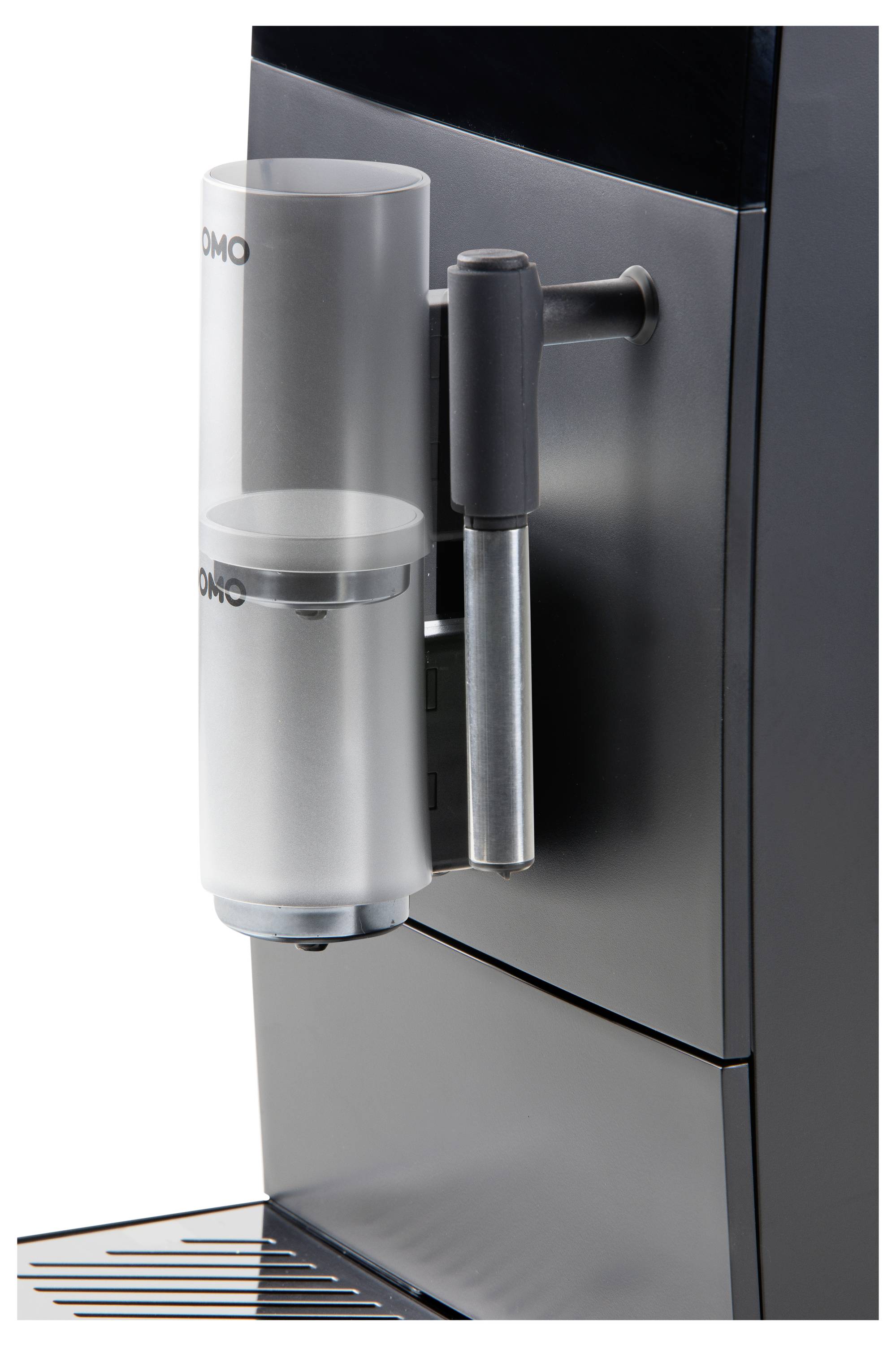 Een moderne koffiemachine met een transparante waterreservoir en stoomsproeier, geschikt voor cappuccino en latte macchiato.