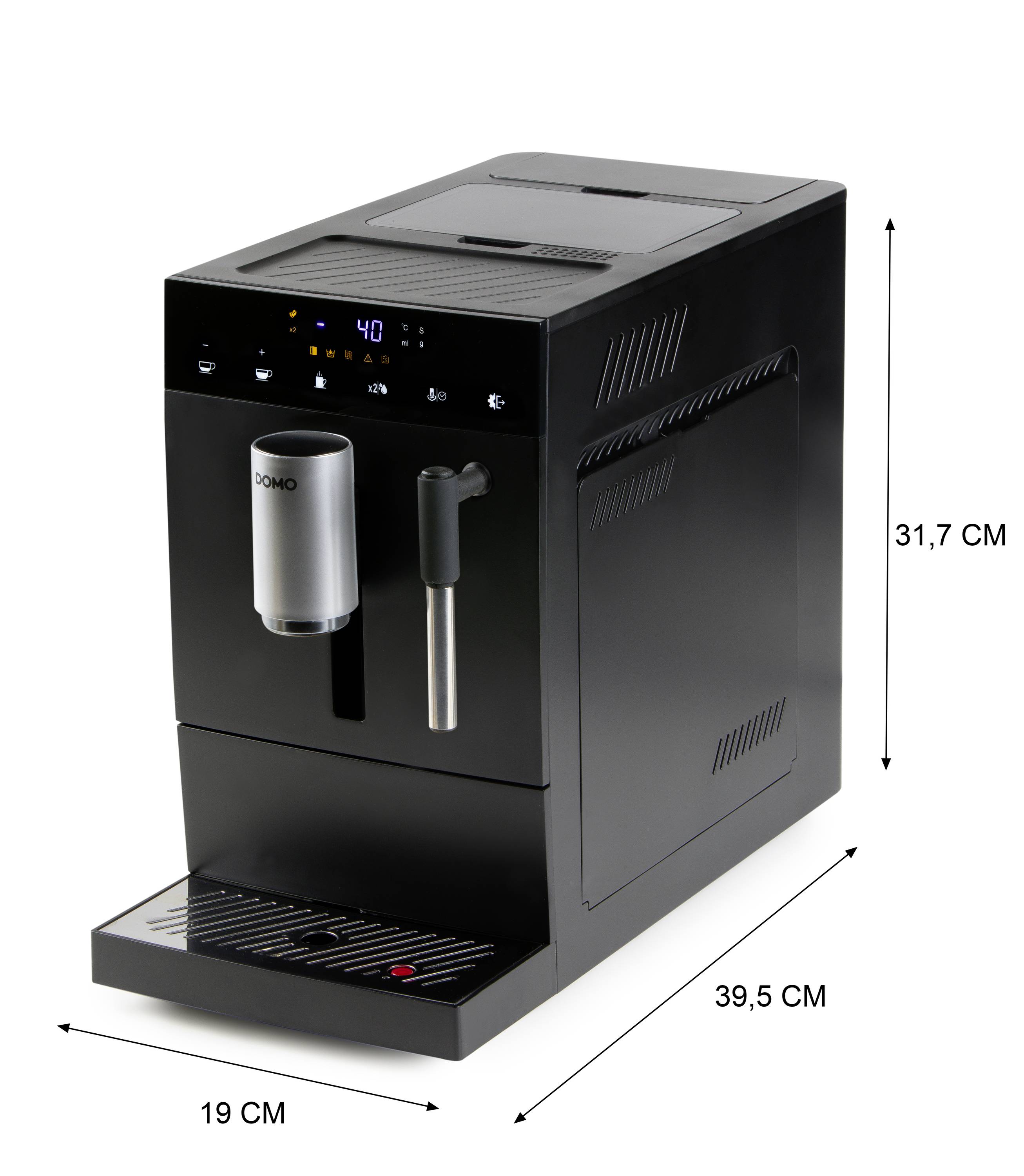 Volledig automatische zwarte koffiemachine met bedieningselementen aan de voorkant, melkopschuimer en afmetingen in centimeters.