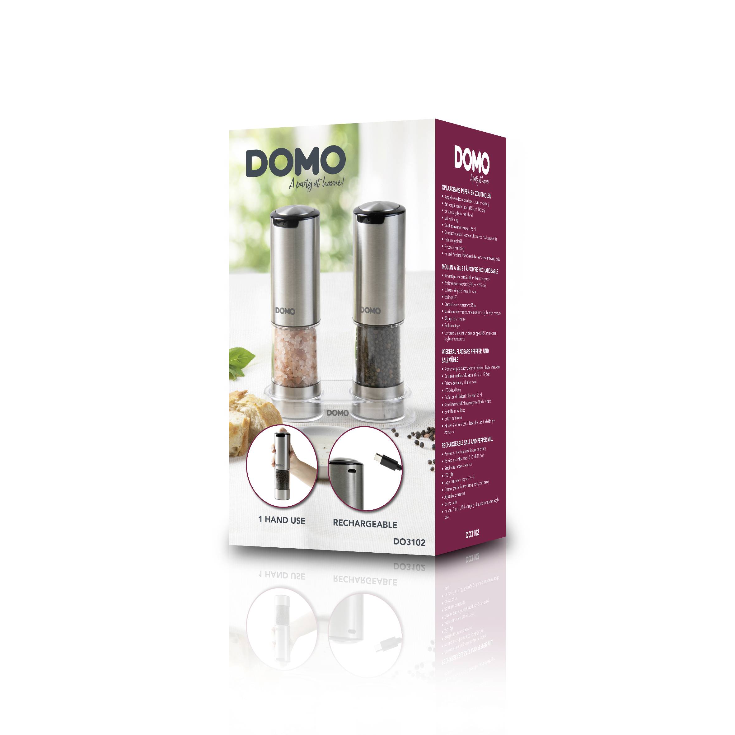 Domo elektrische zout- en pepermolen, oplaadbaar, één-handig te bedienen, op verpakking met afbeelding en productkenmerken.