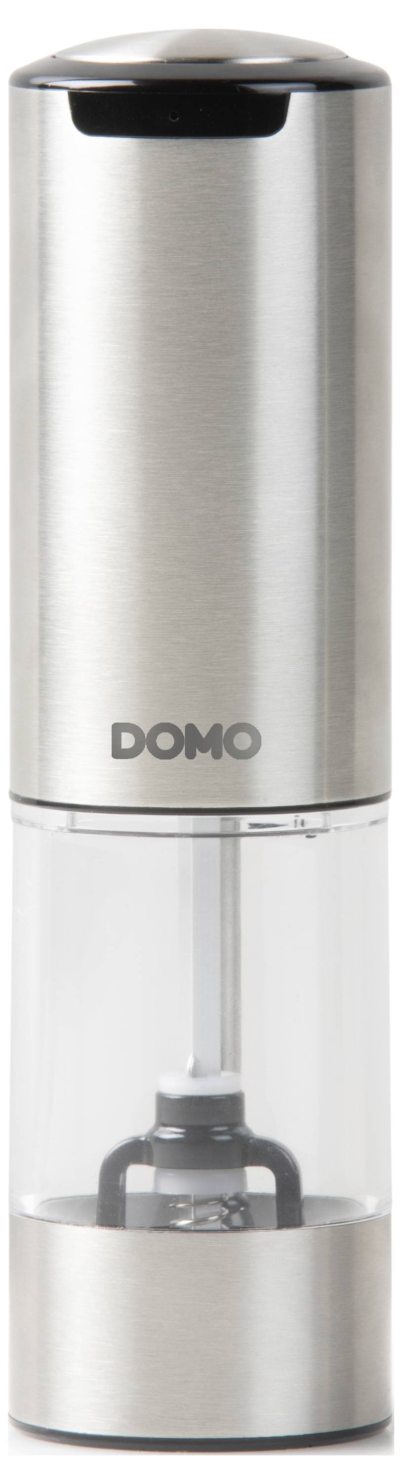 Elektrische zout- en pepermolen van roestvrij staal met transparante container en DOMO-logo in het midden.