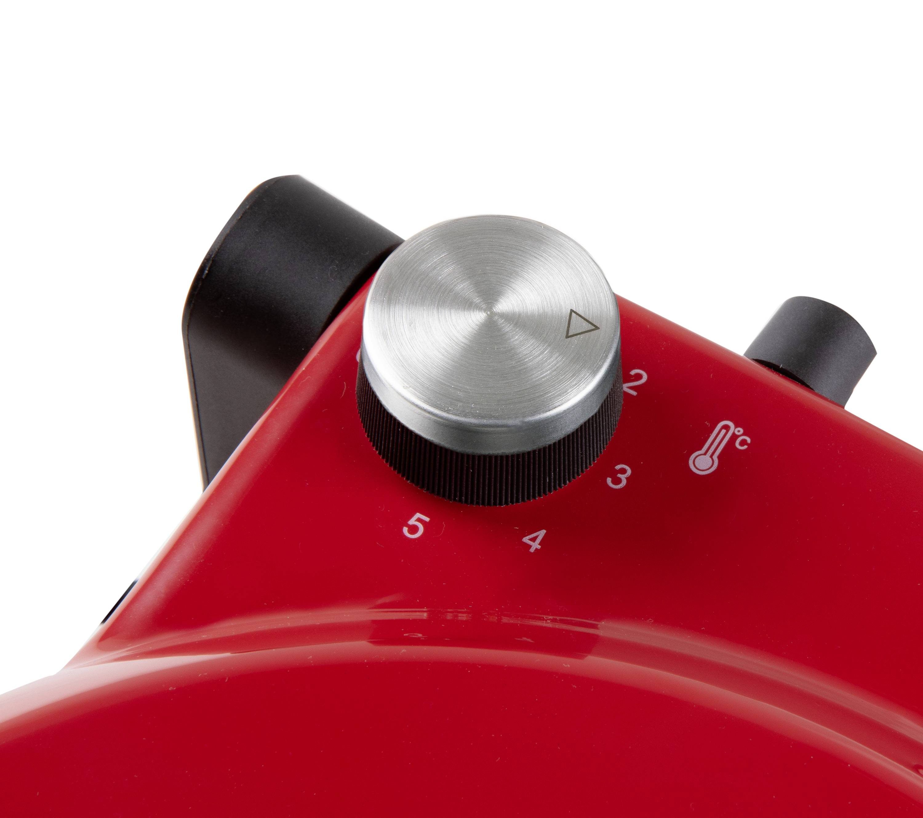 Rode keukenmixer met zilveren draaiknop voor snelheidsregeling, gemarkeerd van 1 tot 5, en met een temperatuursymbool.