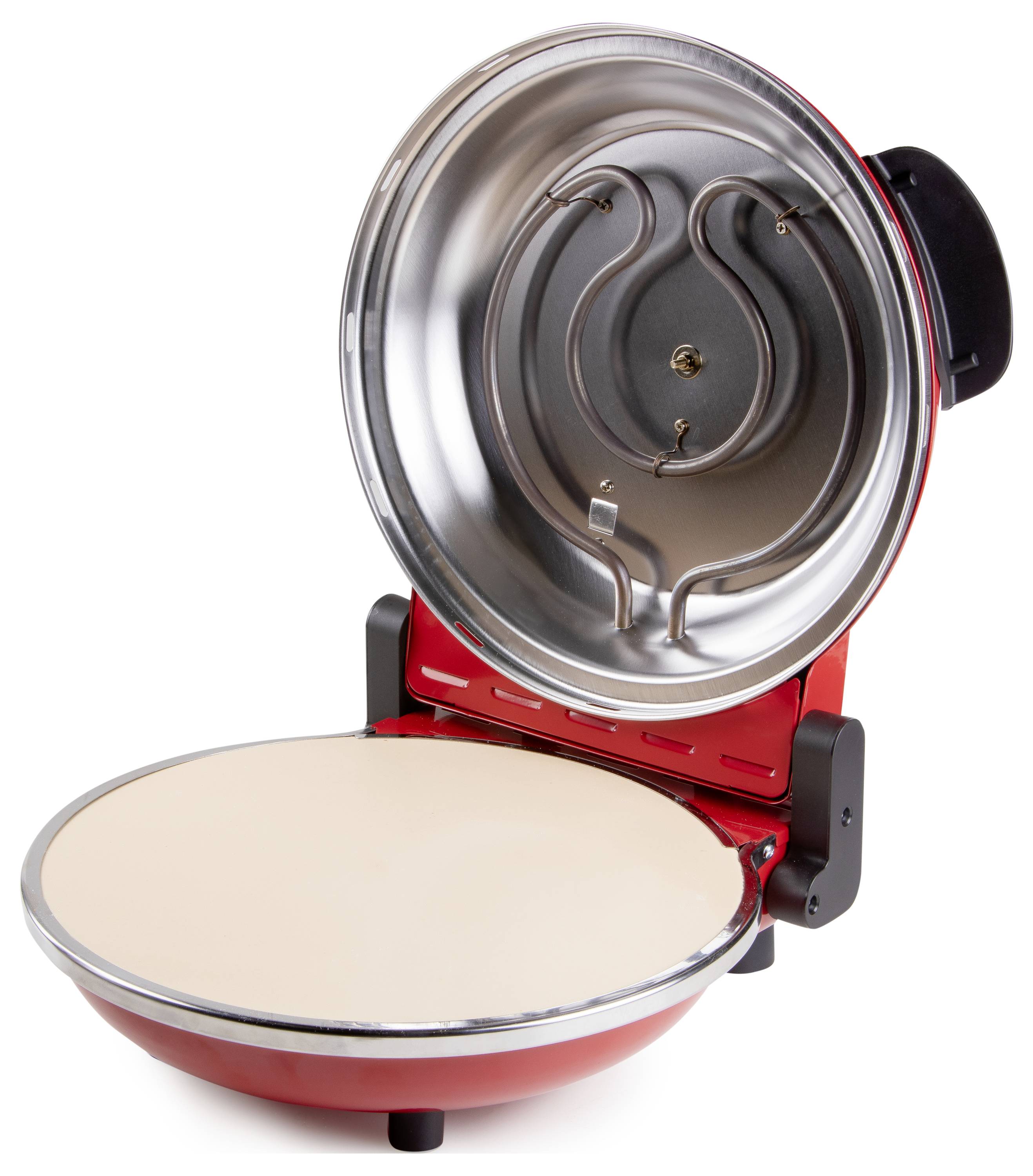 Een ronde, rode pizzamaker met een open deksel dat een verwarmingselement in het deksel toont. Perfect voor het bakken van pizza's.