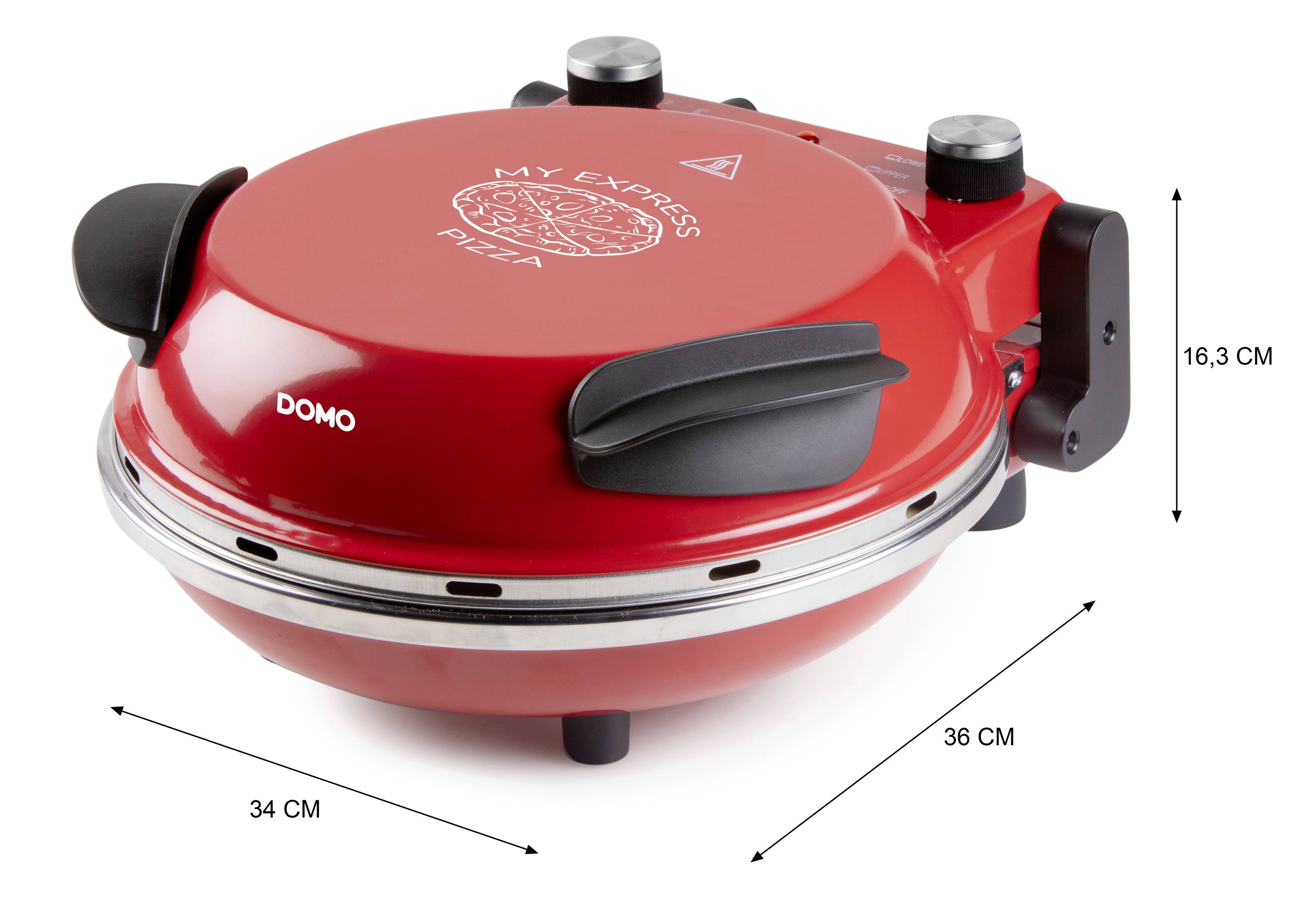Een rode pizzaoven met het opschrift 'My Express Pizza'. Afmeting: 16,3 cm hoog, 34 cm breed, 36 cm diep. Merknaam 'DOMO'.