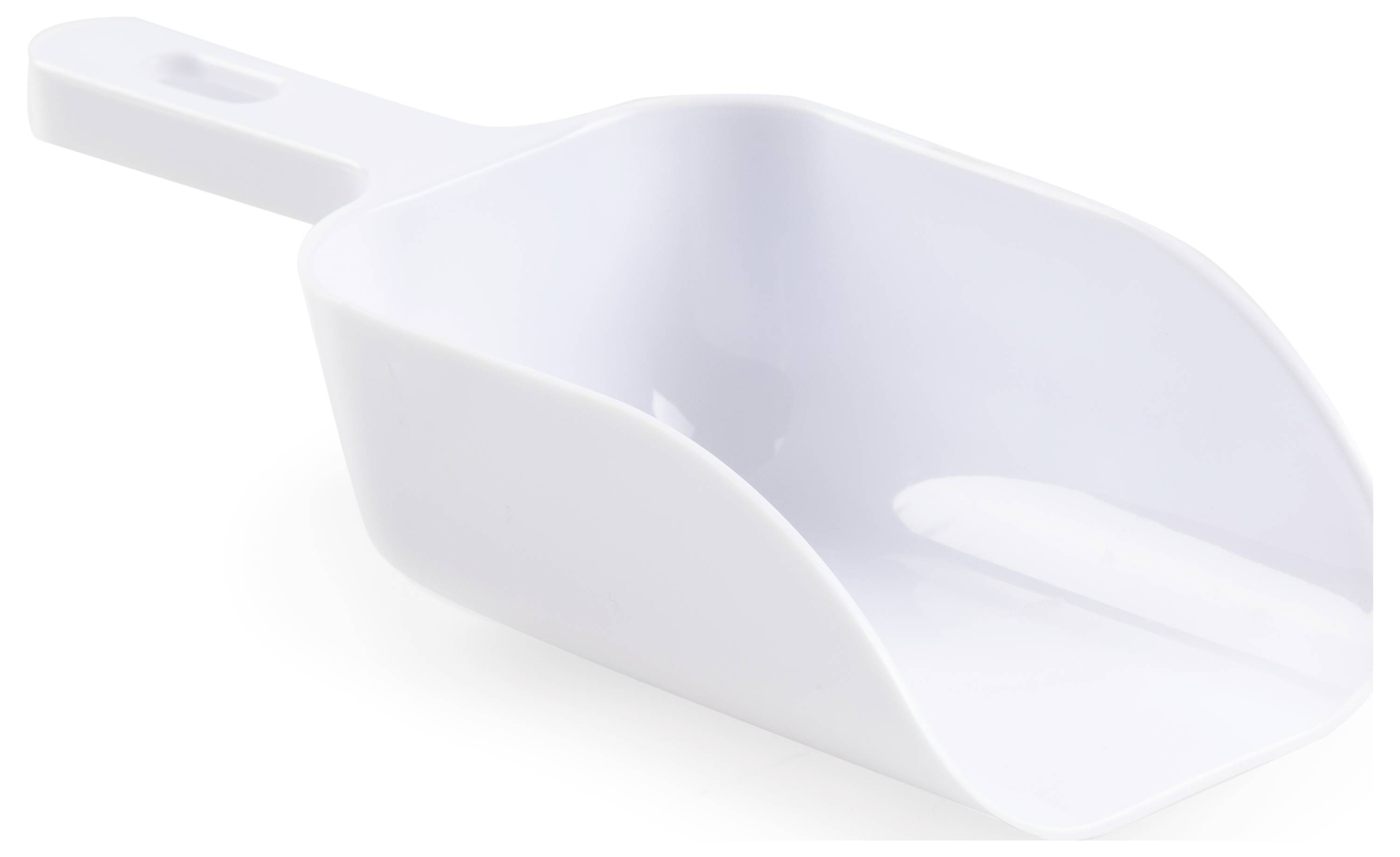 Witte schep met korte steel, geschikt voor het scheppen van droge ingrediënten of poeder. Kunststof materiaal.