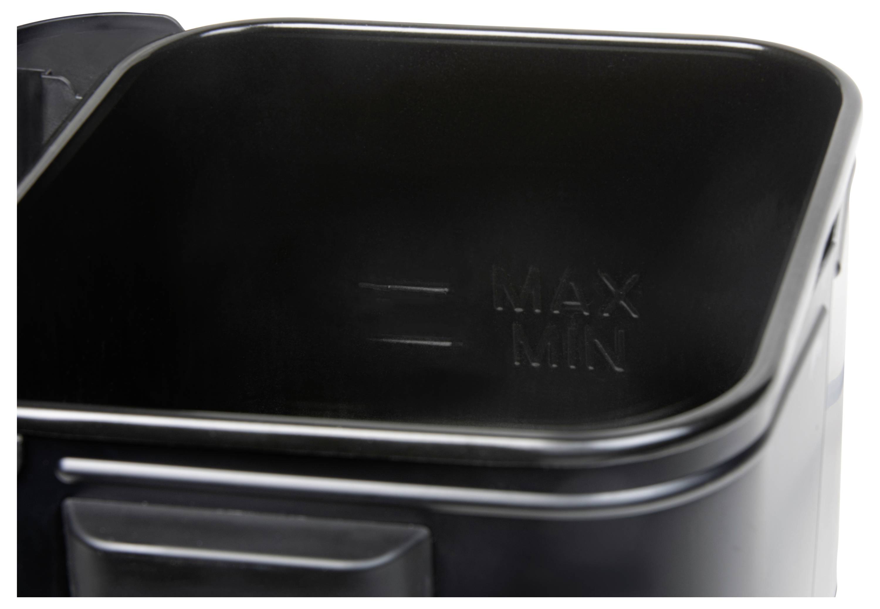 Zwarte container met 'MAX'- en 'MIN'-markeringen aan de binnenwand, geeft de maximale en minimale vullingsgraad aan.