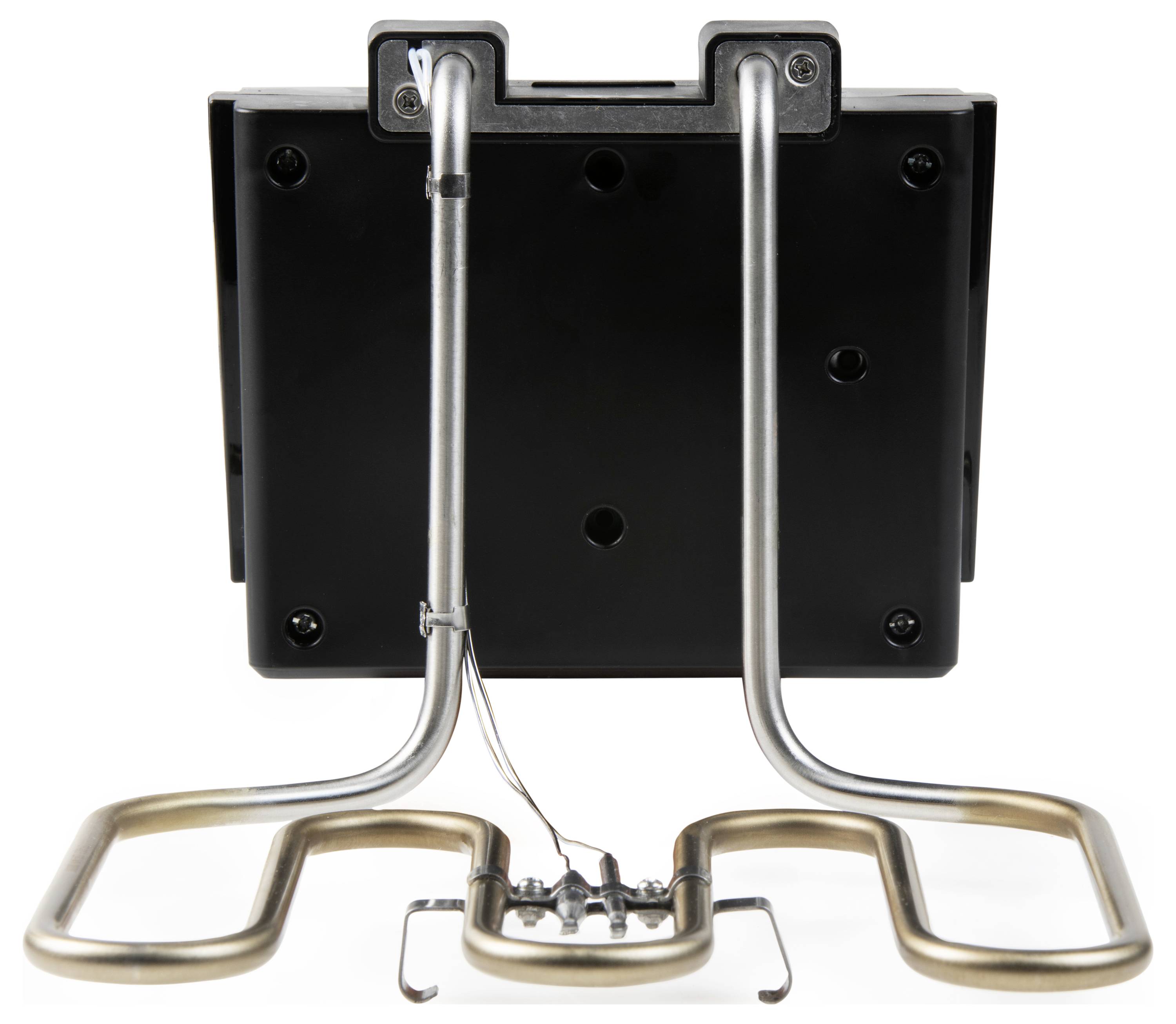 Een zwarte wandsteun met twee gebogen metalen beugels die eronder zijn bevestigd. Hij is bedoeld om aan de muur te worden gemonteerd.