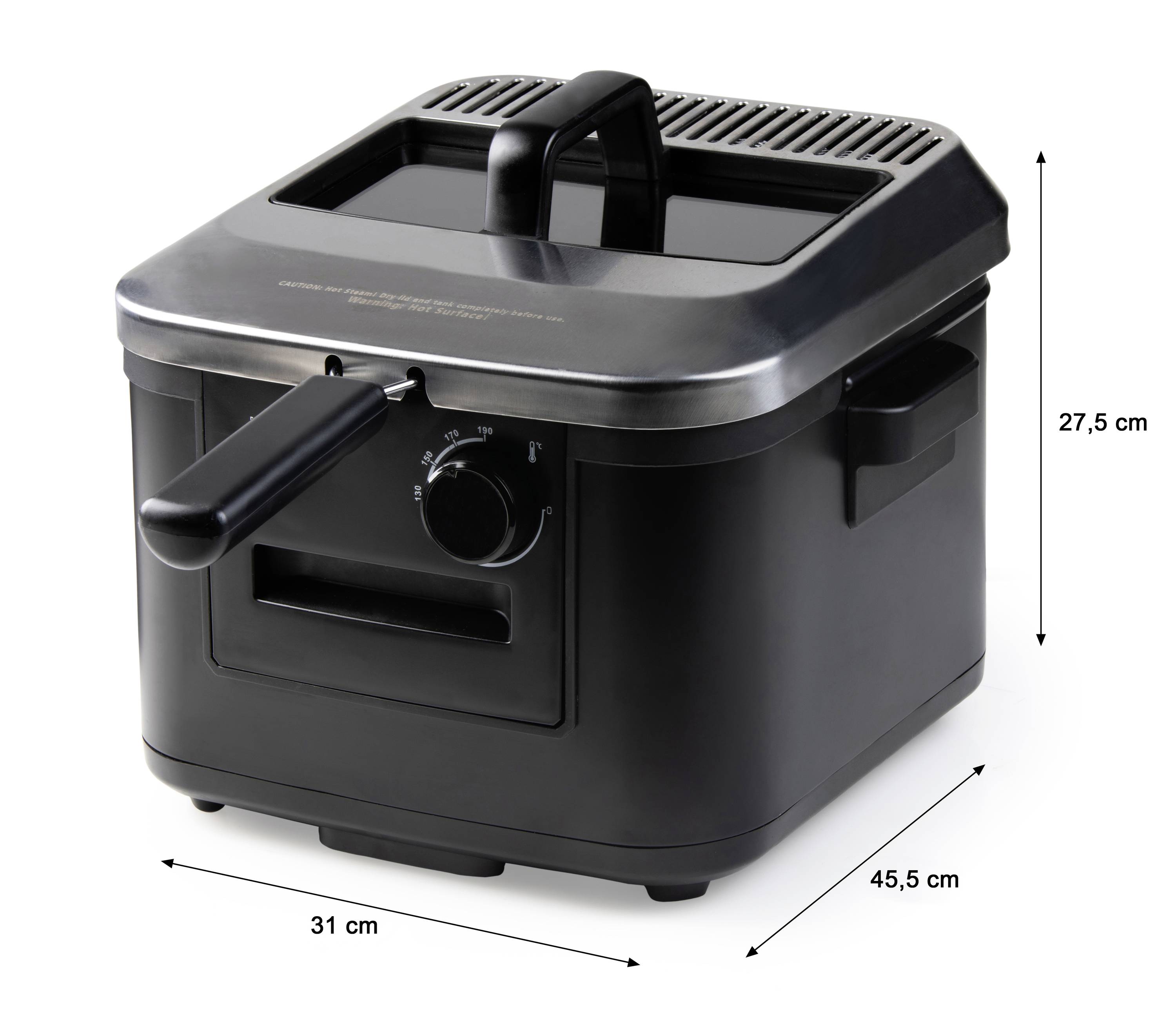 Zwarte friteuse-oven van roestvrij staal met afmetingen: 27,5 cm hoogte, 31 cm breedte en 45,5 cm diepte; temperatuurregelaar aan de voorkant.