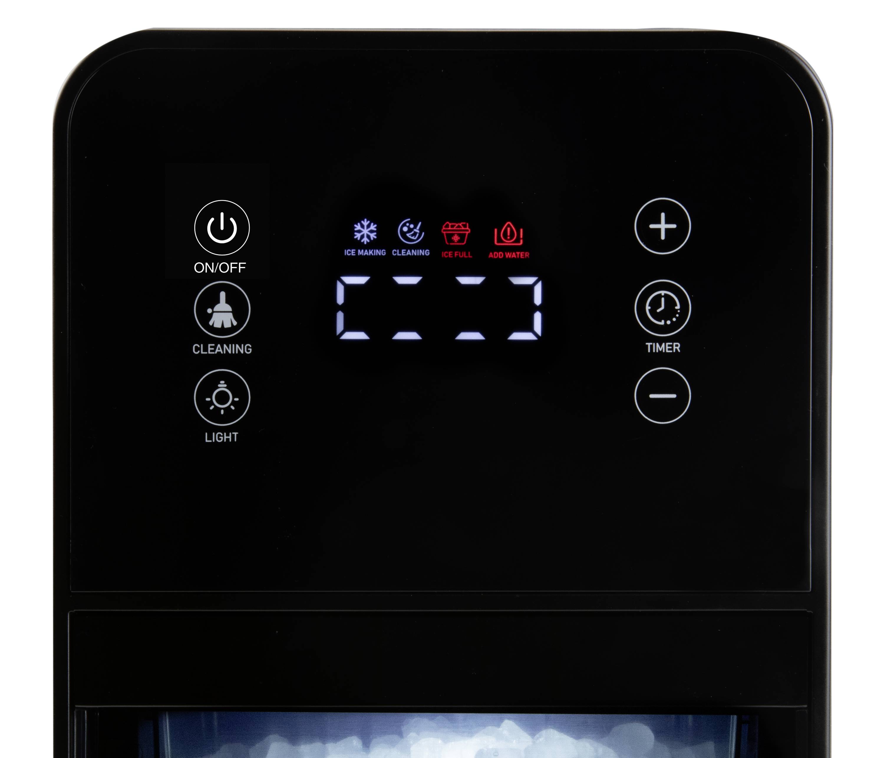 Vooraanzicht van een zwarte ijsblokjesmaker met LED-display voor bedrijfsmodi en functies zoals 'Reinigen', 'Bijvullen', 'Water toevoegen'.