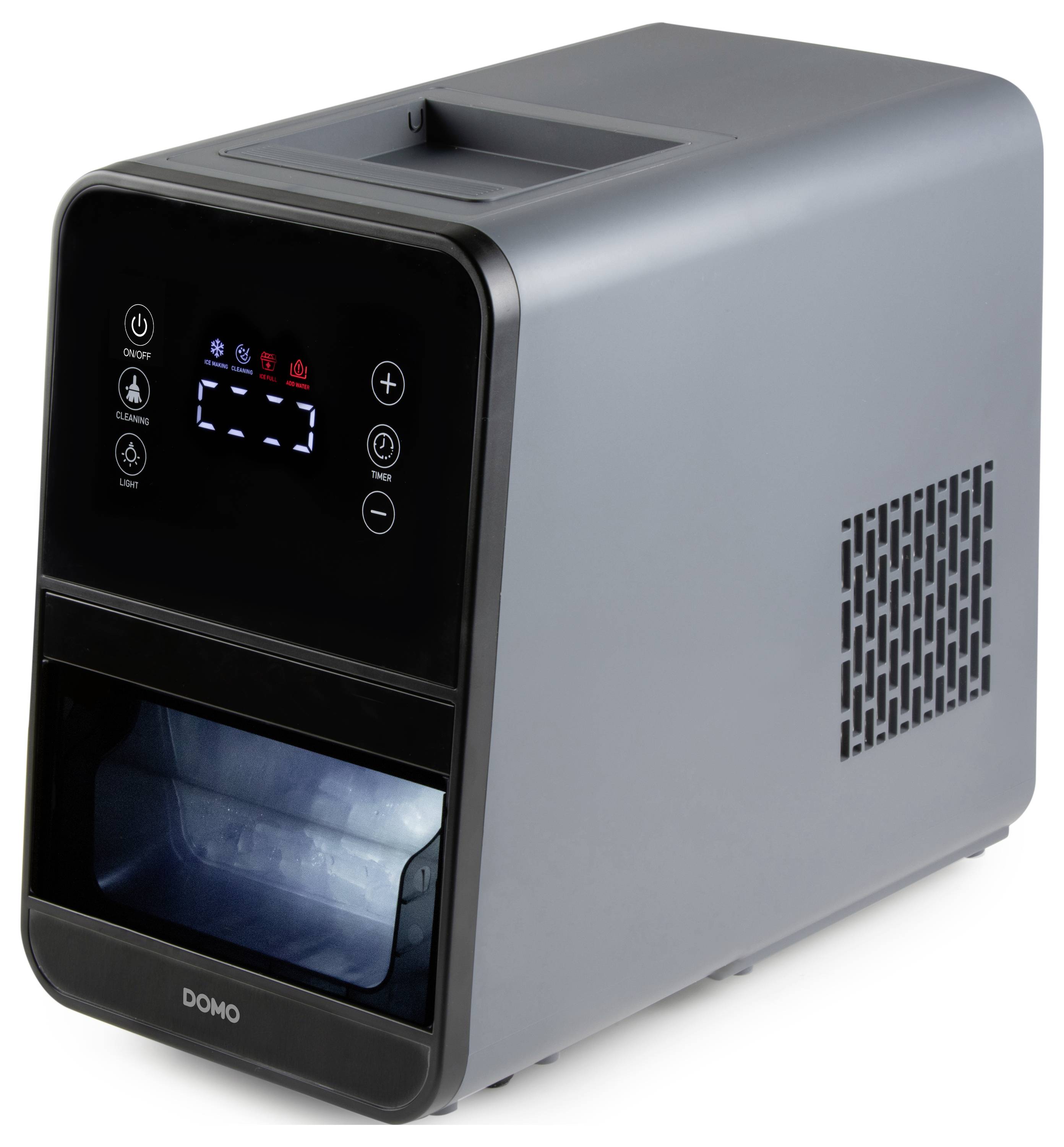 Een grijze, rechthoekige ijsautomaat met een zwart bedieningspaneel aan de voorkant, aanduiding- en controlelampjes, en een ijslade onderaan.