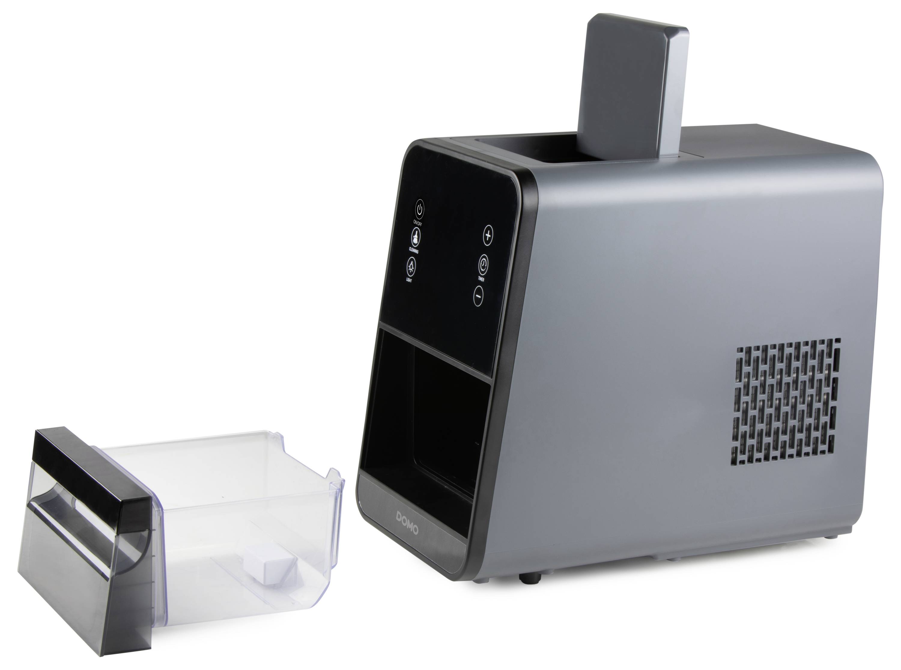 Een grijze, rechthoekige ijsmachine voor in de keuken met zijventilatie en een uitneembare bak voor ijsblokjes.