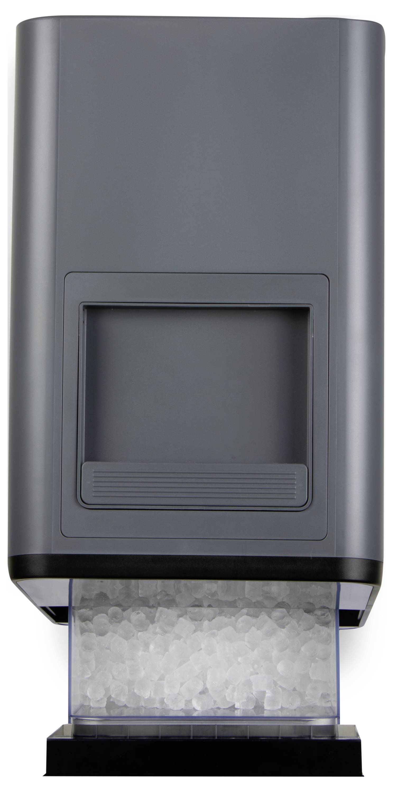 Grijze ijsblokjesautomaat met ijsblokjes bij de uitgifte-opening.