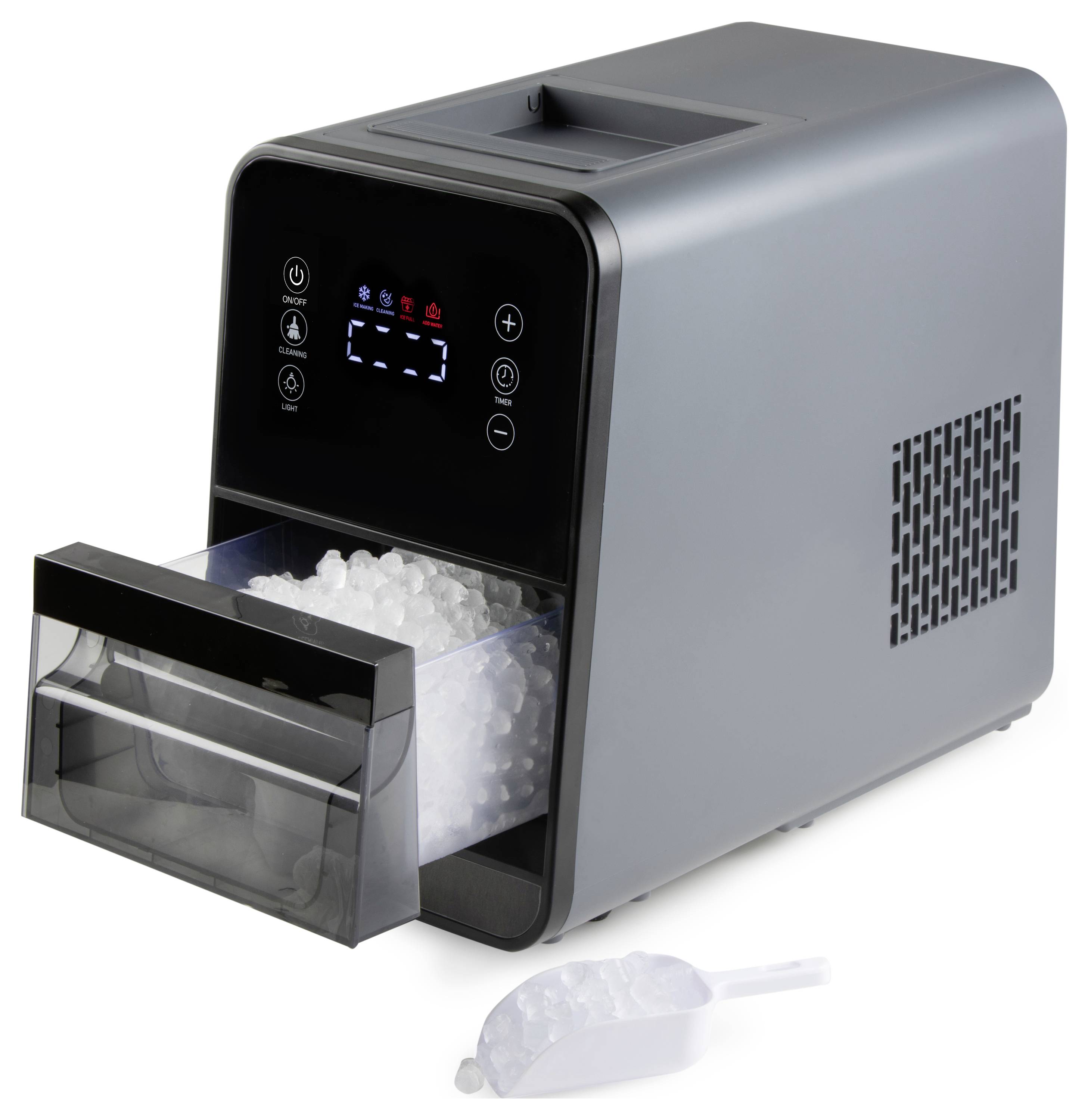 Draagbare ijsblokjesmachine met digitaal display, toont bedrijfsstatus; open klep met ijsblokjes en bijgeleverde schep.