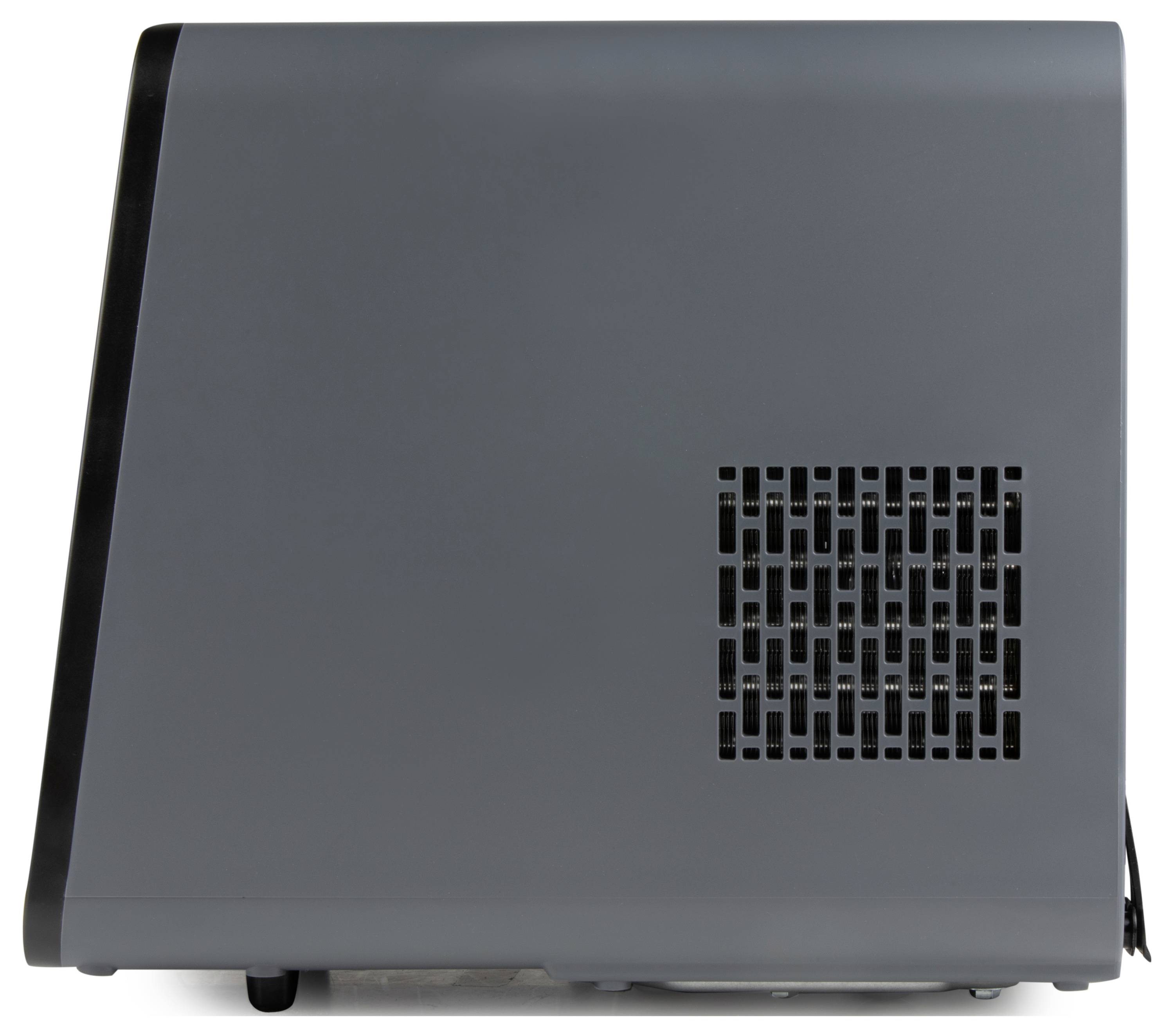 'Zijaanzicht van een grijs computerbehuizing met een ventilatierooster aan de rechterkant.'