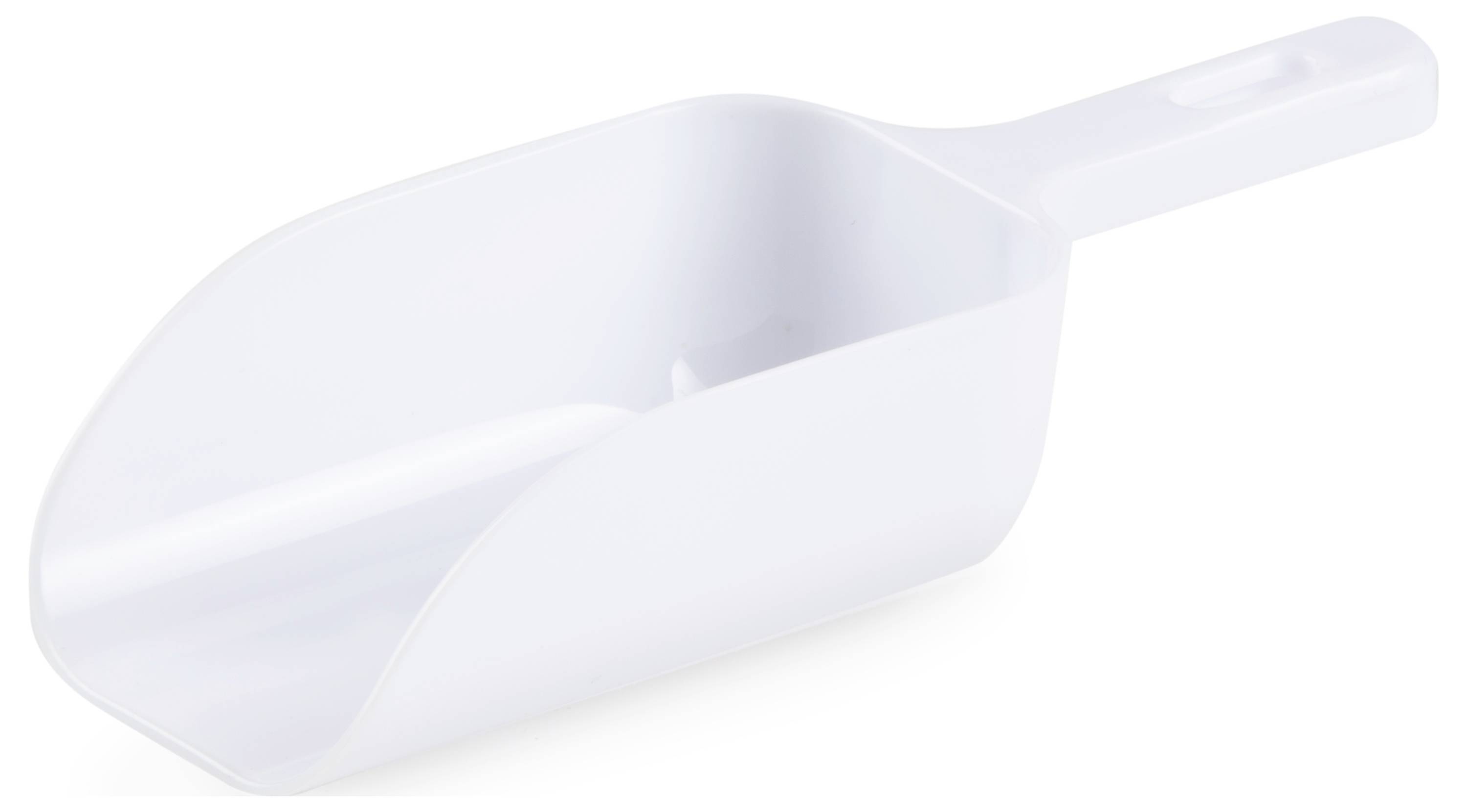 Witte plastic handschep, geschikt voor het scheppen van poeders of granulaten.