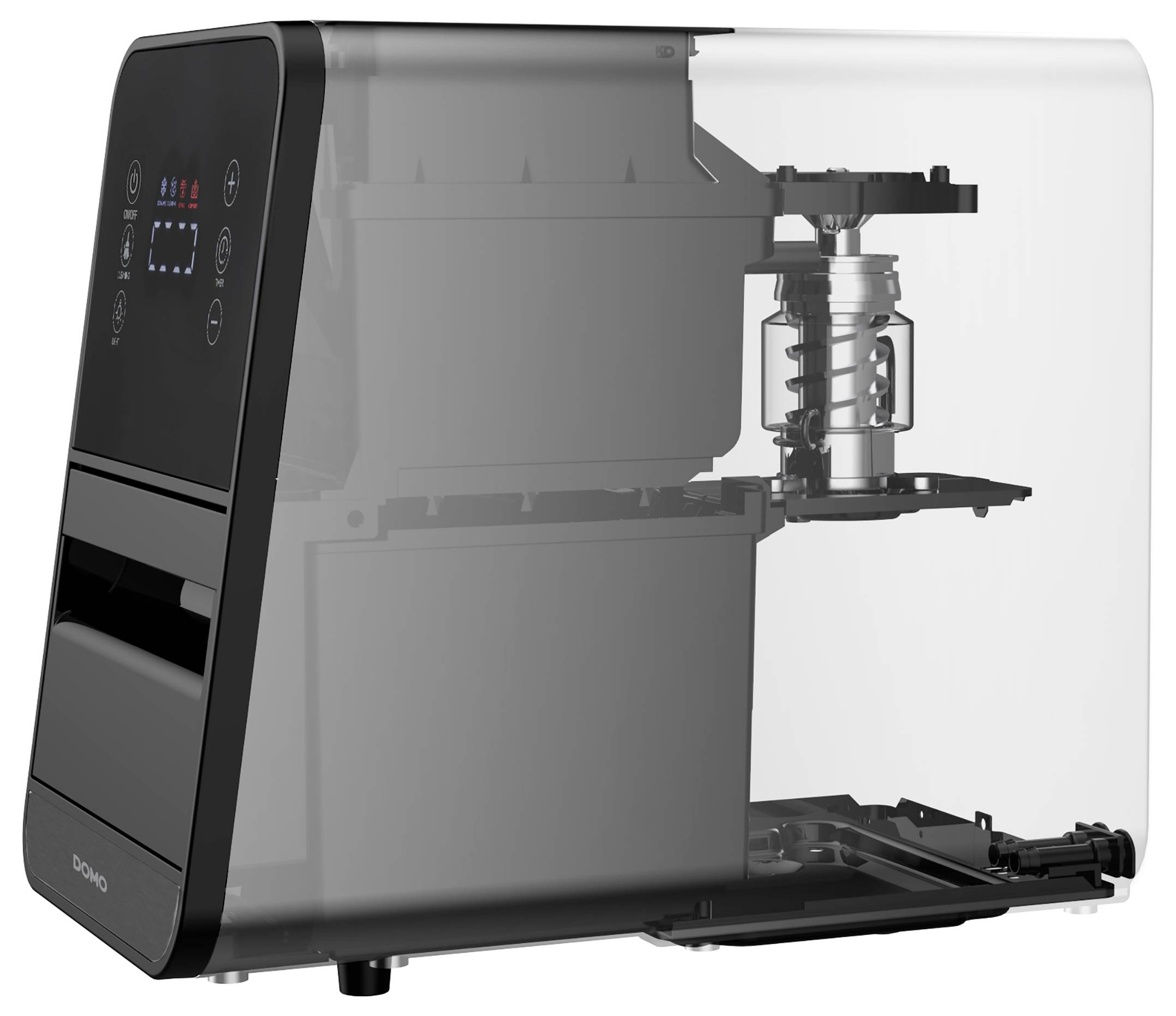 Een moderne volautomaat met een transparant behuizing onthult de binnenkant, inclusief de maalgroep en het brouwmechanisme.