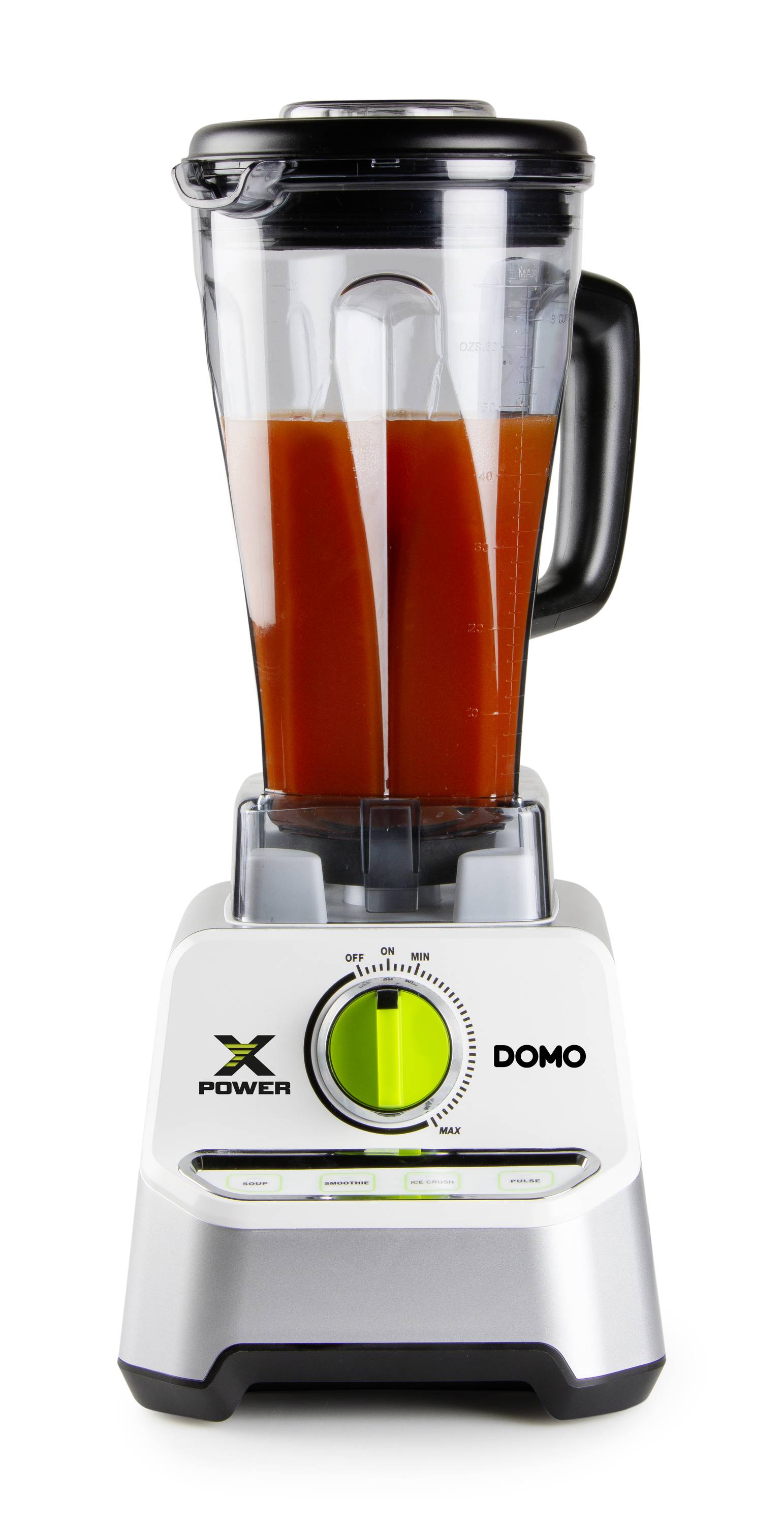 Staande blender met een transparante kan, gevuld met een rode smoothie. De blender heeft een draaiknop en groene toetsen aan de voorkant.