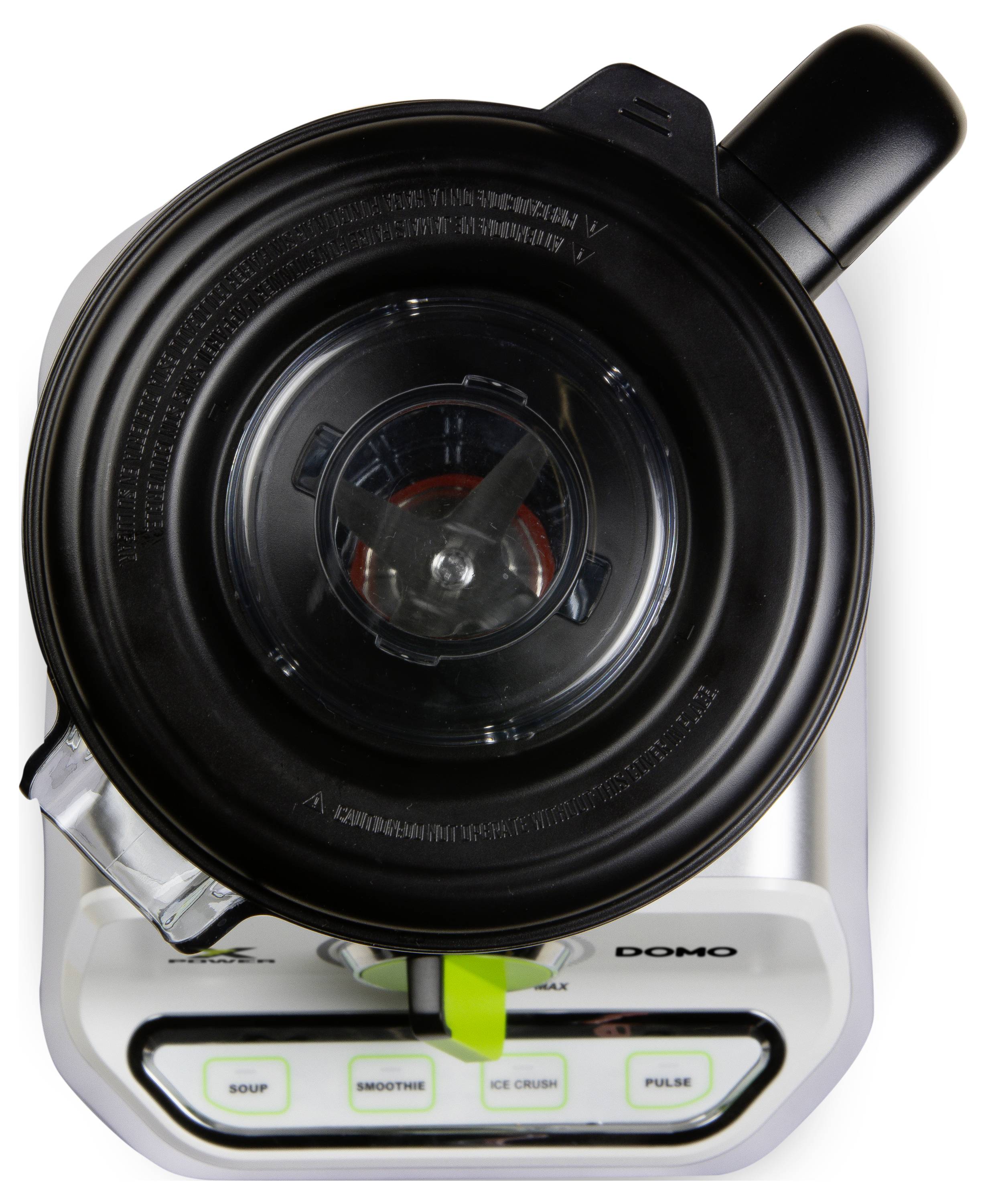 Een mixer gefotografeerd van bovenaf, met een zwart deksel met een transparant kijkvenster, links een handgreep, vooraan bedieningselementen.