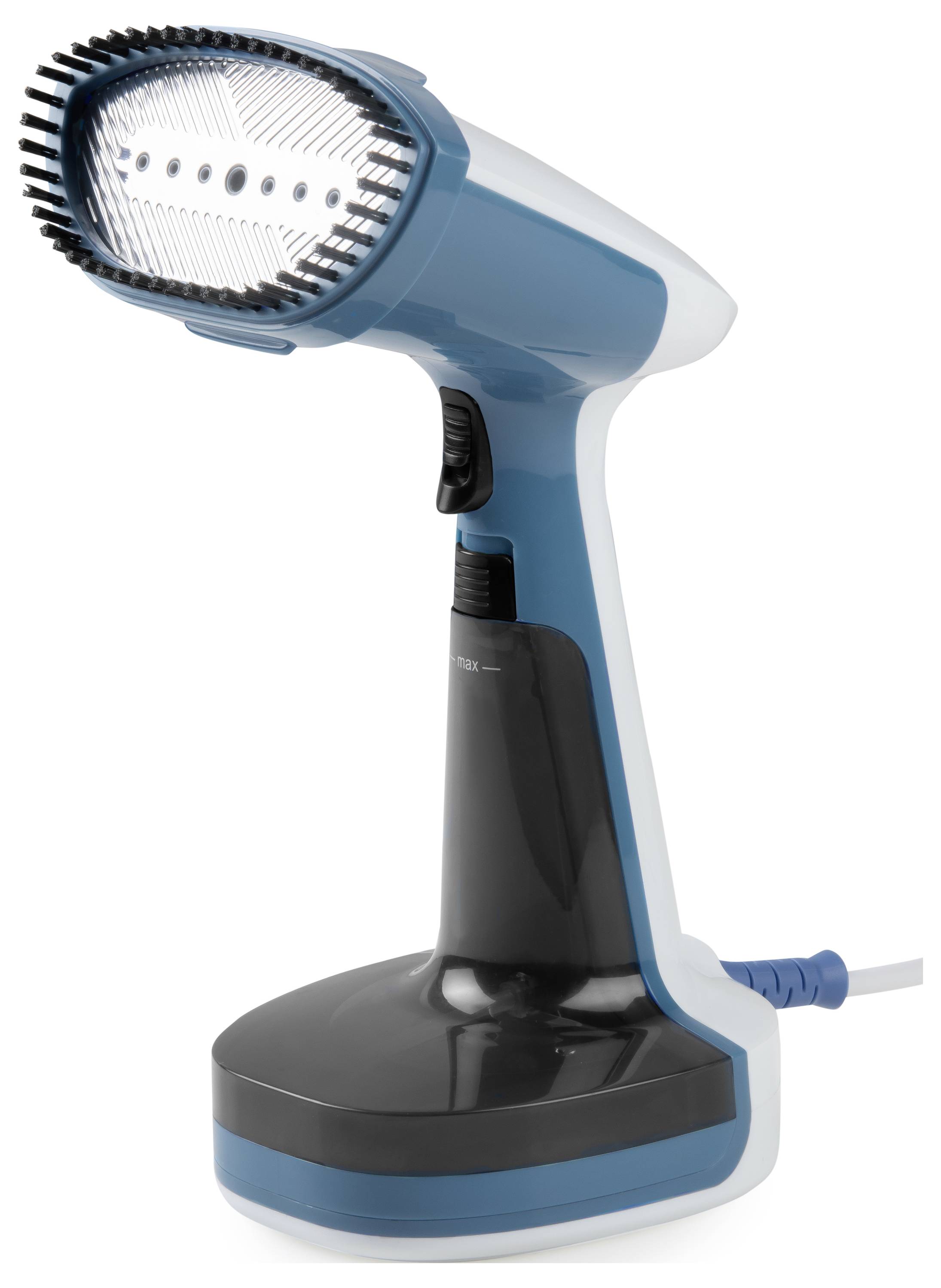Een blauwe en zwarte handstoomreiniger met handgreep en stoomborsteltje, rechtop staand, klaar voor gebruik.
