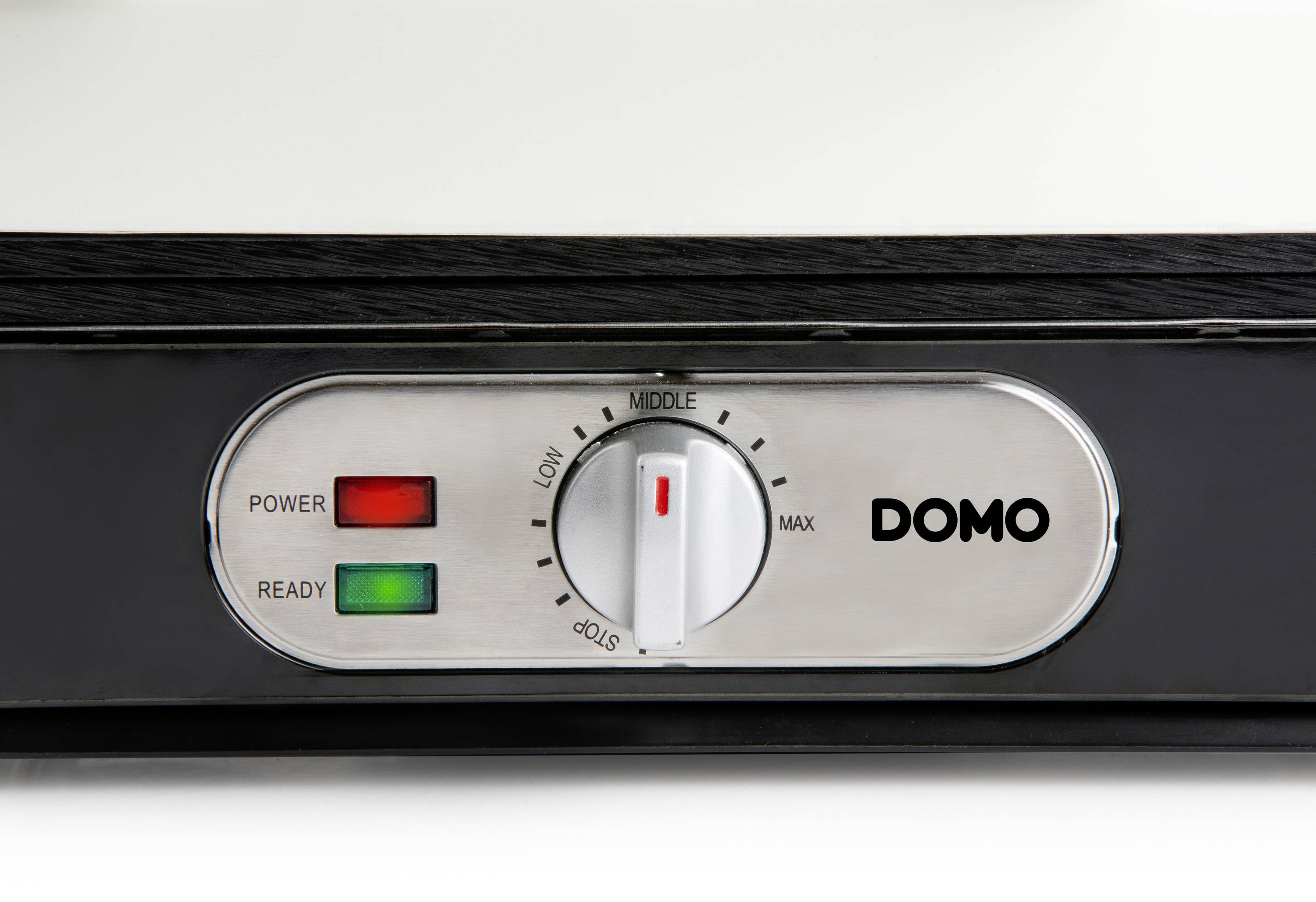 Thermostaat-draaiknop met schaal van 'Laag' tot 'Max', naast twee controlelampjes: 'Voeding' (rood) en 'Klaar' (groen), merk 'DOMO'.