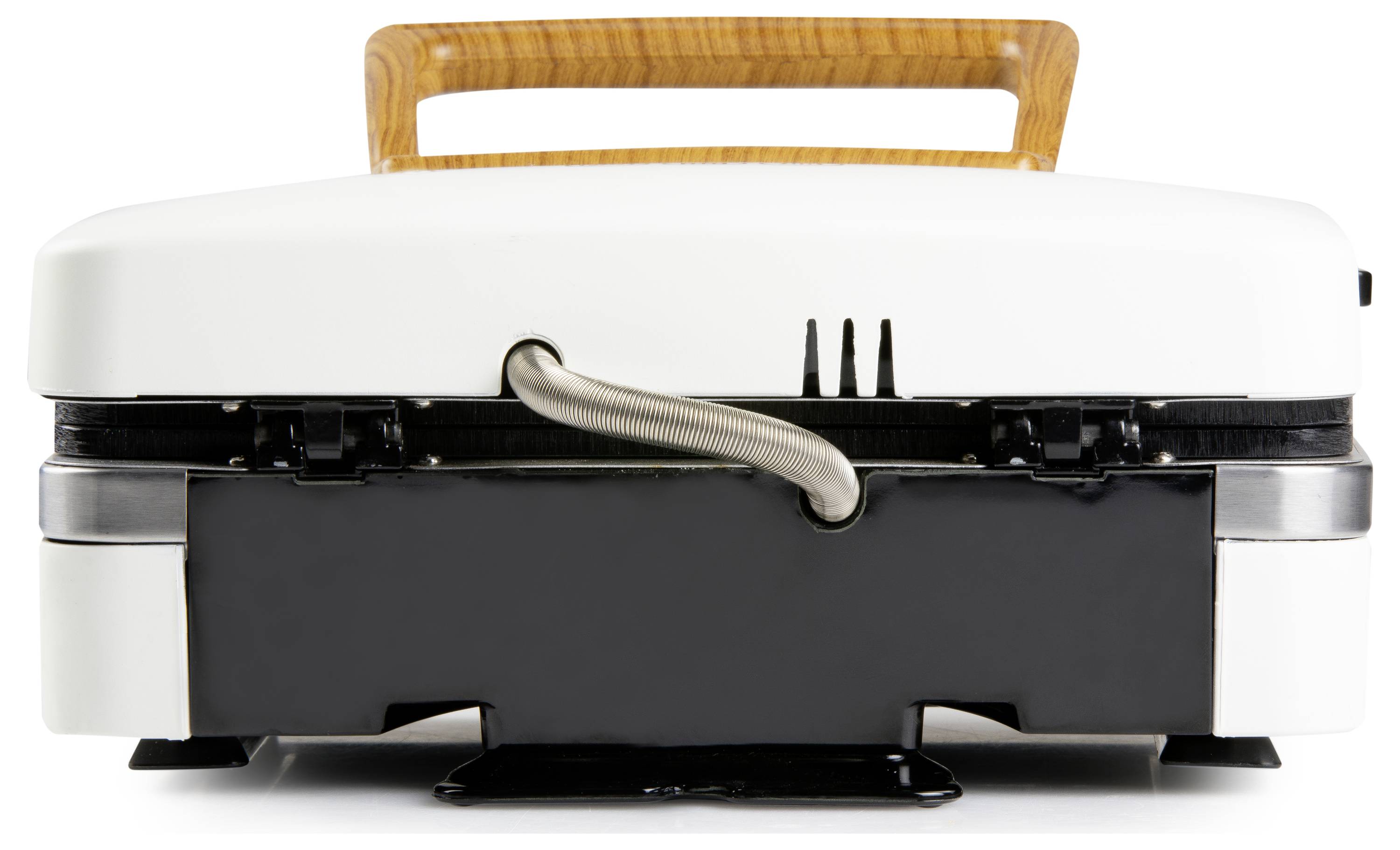 Elektrische tosti-ijzer met een wit behuizing en houten handgreep. Het apparaat is van voren te zien, en de bovenste handgreep is duidelijk zichtbaar.