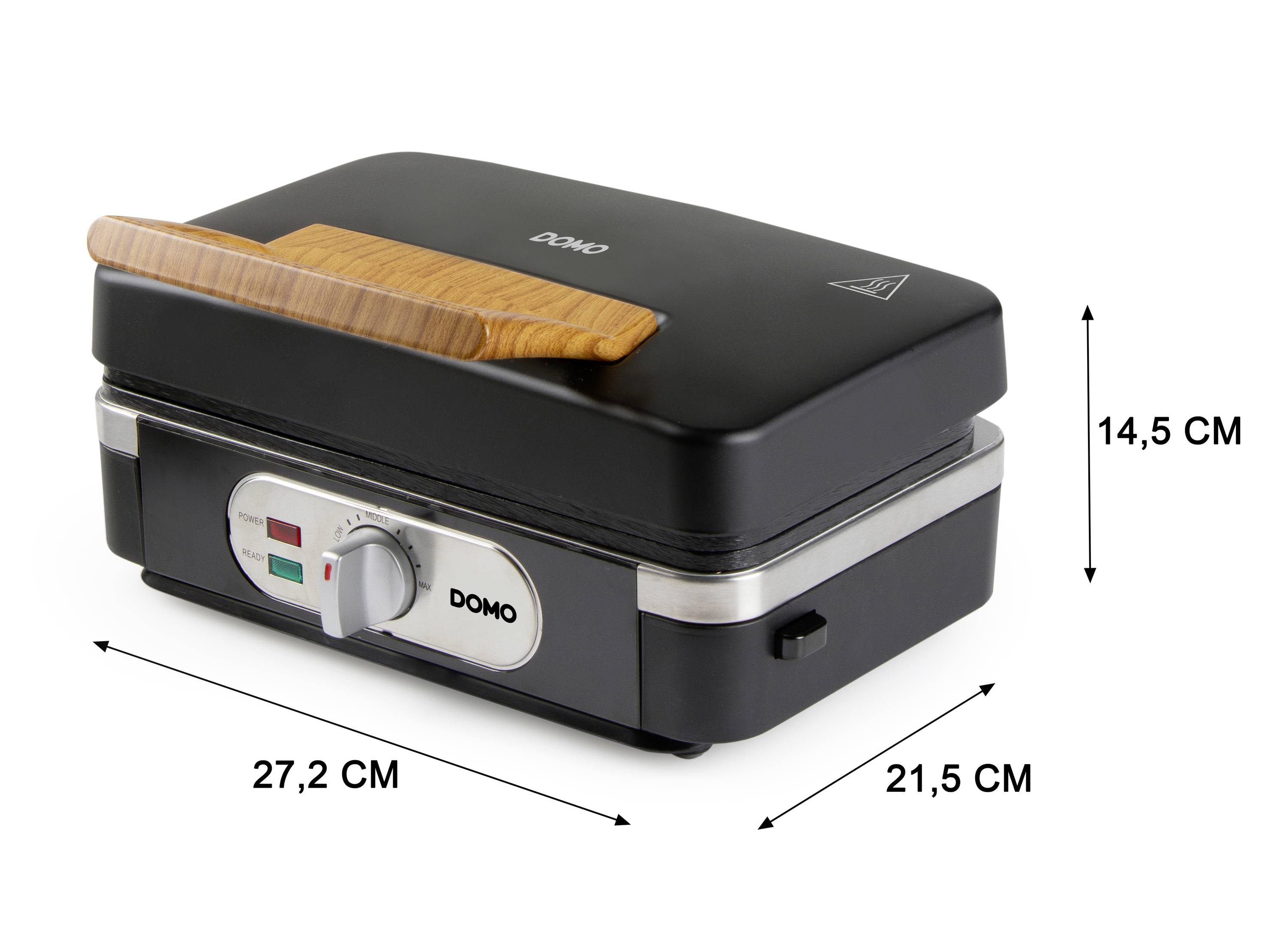 Een tosti-ijzer met houten handgreep, temperatuurregeling en controlelampjes. De afmetingen zijn 27,2 cm x 21,5 cm x 14,5 cm.