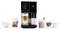 Een volautomatische koffiemachine met meerdere glazen toont verschillende dranken: thee, latte, cappuccino, cacao en espresso.