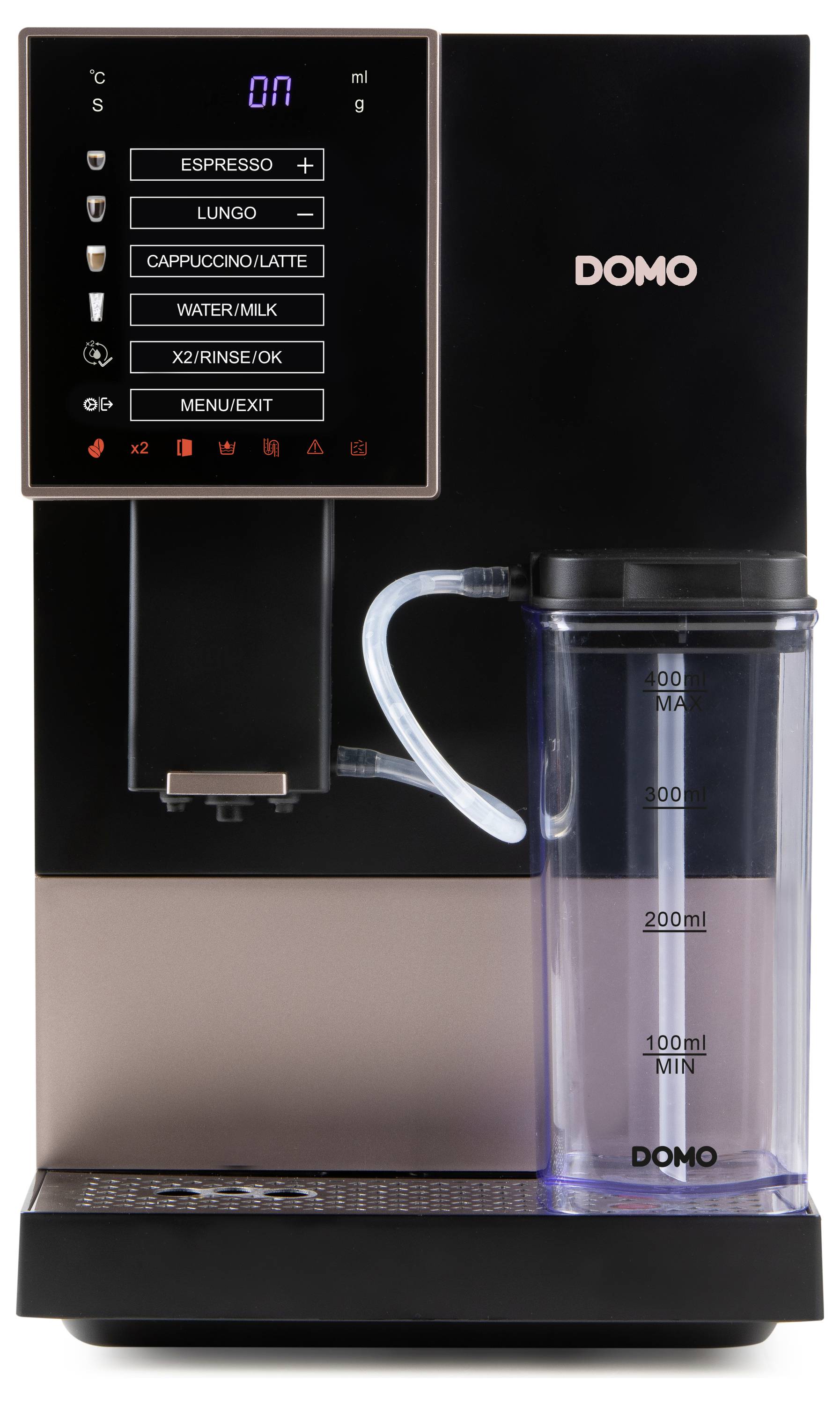 Koffiemachine met digitaal display, dat 'Espresso', 'Lungo', 'Cappuccino/Latte', 'Water/Melk', 'Menu/Afsluiten' weergeeft.