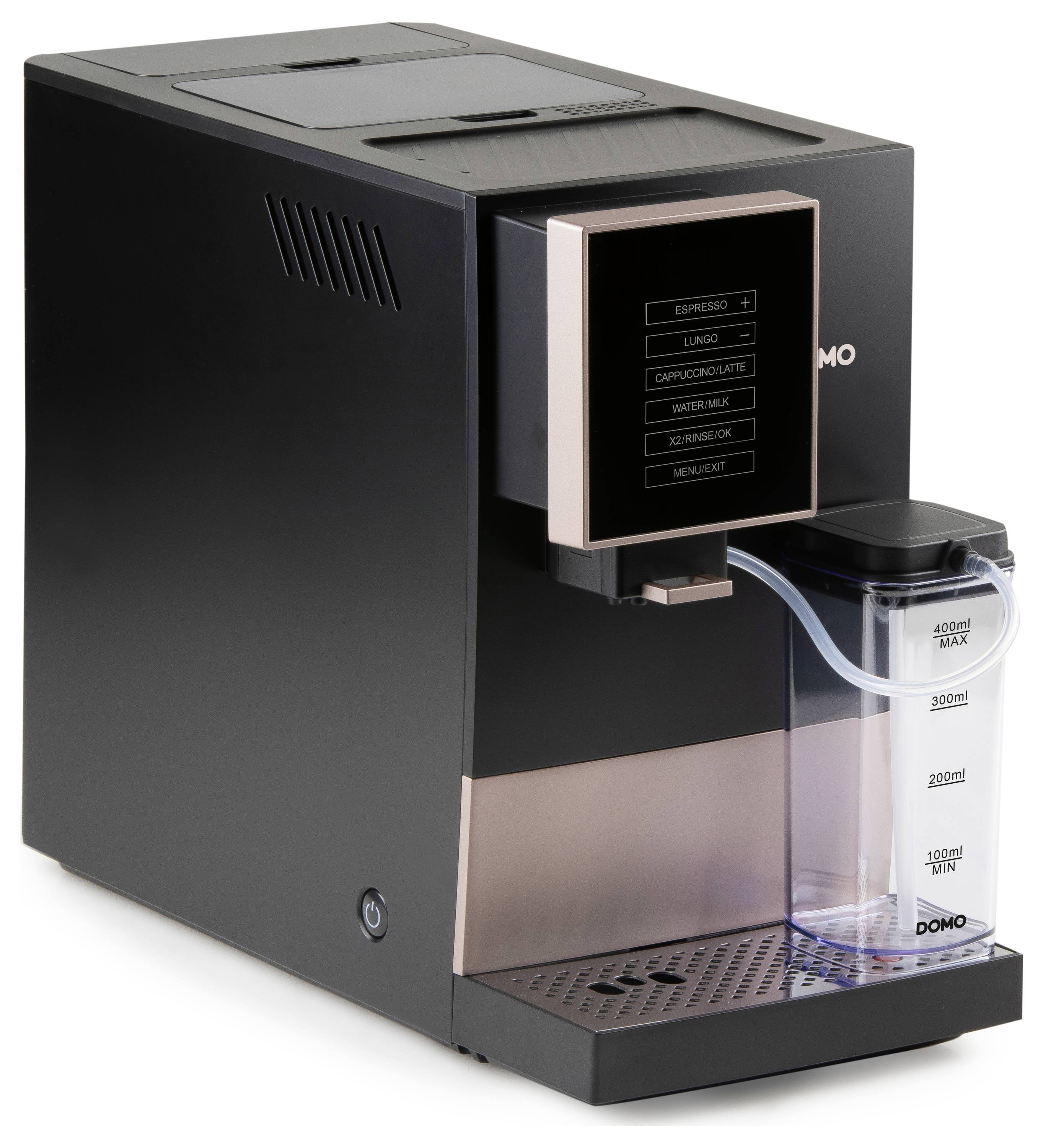 Koffiezetapparaat met digitaal display en uitneembare waterreservoir; geschikt voor espresso, lungo en cappuccino.
