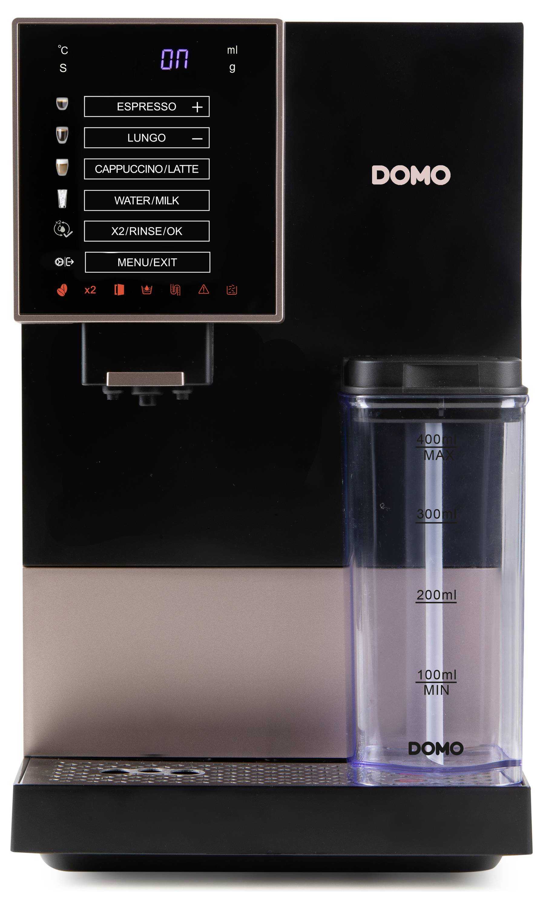 Koffiemachine met digitaal display, toetsen voor verschillende koffiesoorten en waterreservoir aan de rechterkant.