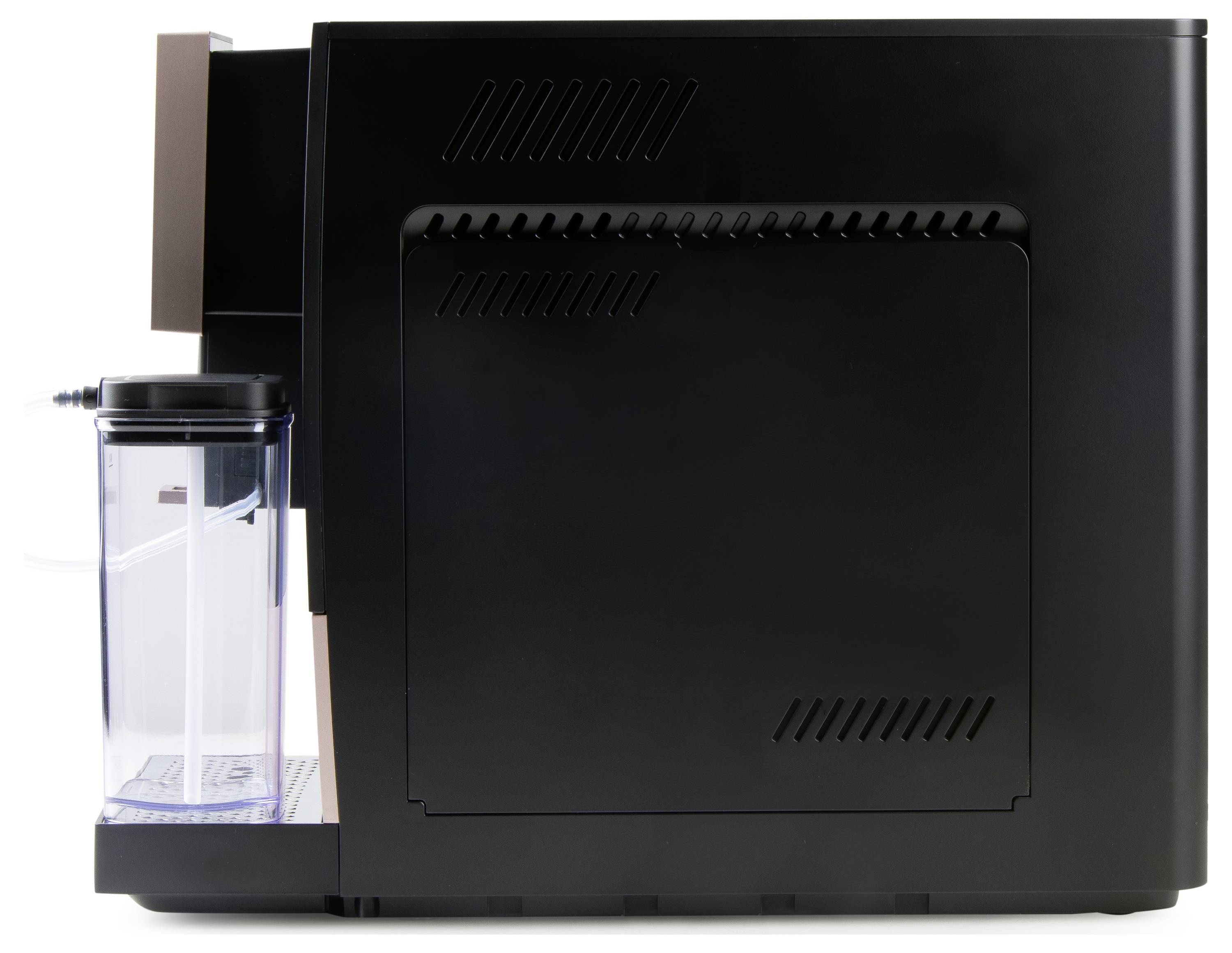 Zwarte koffiemachine gezien van opzij, met links een transparante waterreservoir zichtbaar.