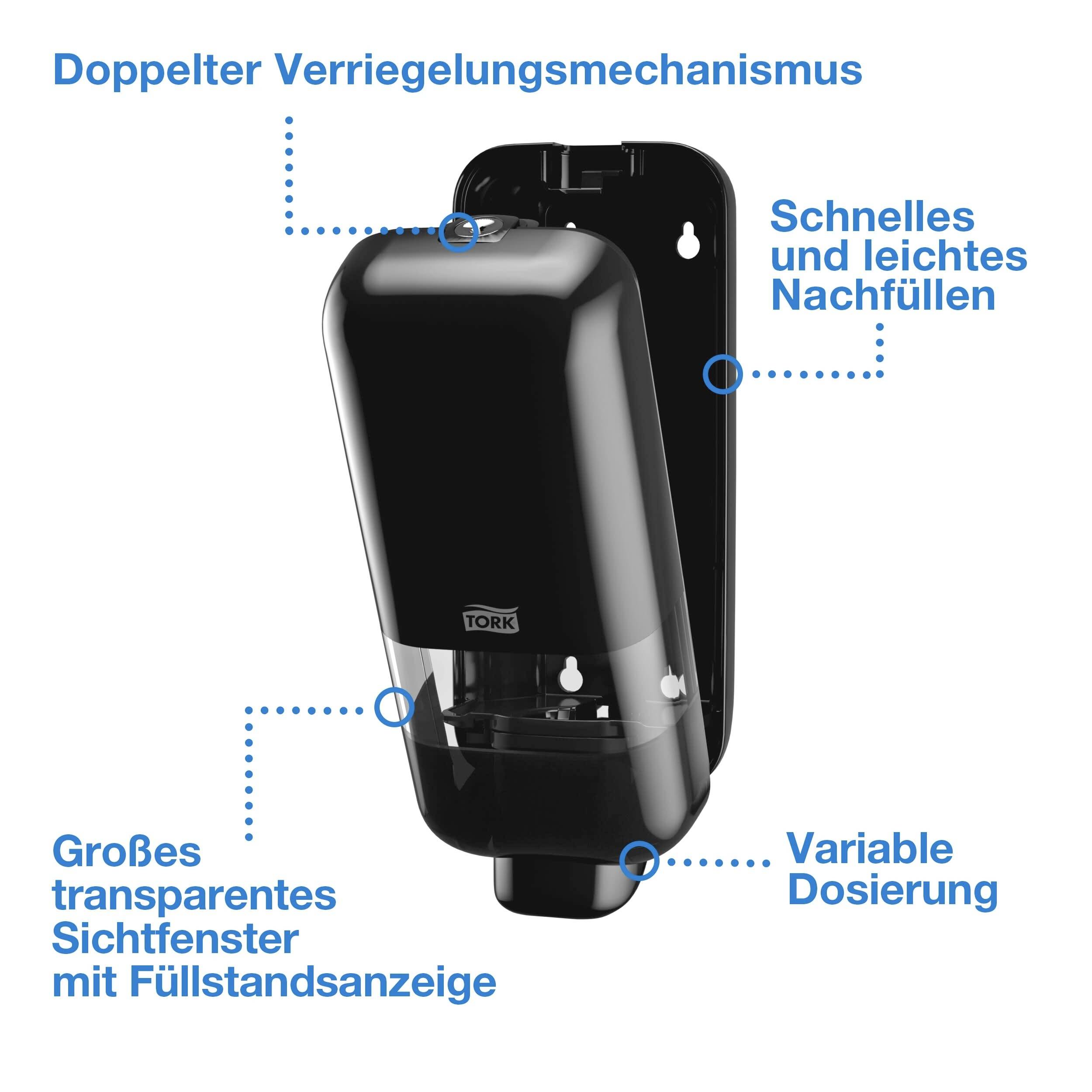 'Zwarte zeepdispenser aan de muur gemonteerd. Tekst wijst op een dubbel vergrendelingsmechanisme, eenvoudig bijvullen en doseren.'