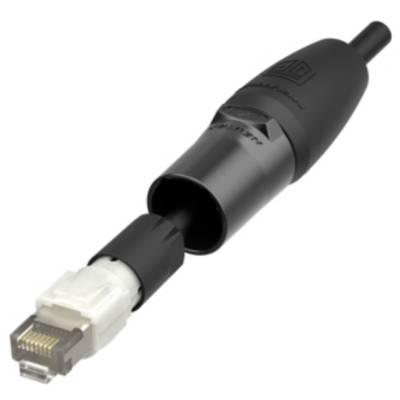'Robuuste RJ45-connector in een zwarte behuizing voor industriële toepassingen, met een metalen haak voor een veilige verbinding.'