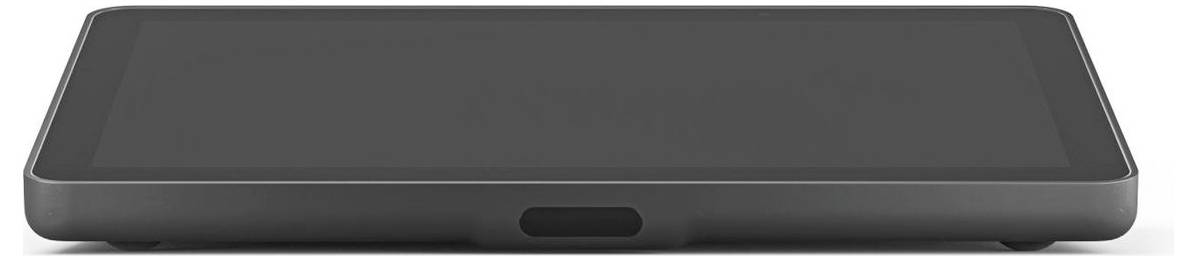 Een platte, rechthoekige, zwarte monitor met een afgeschuinde rand staat op een tafel.