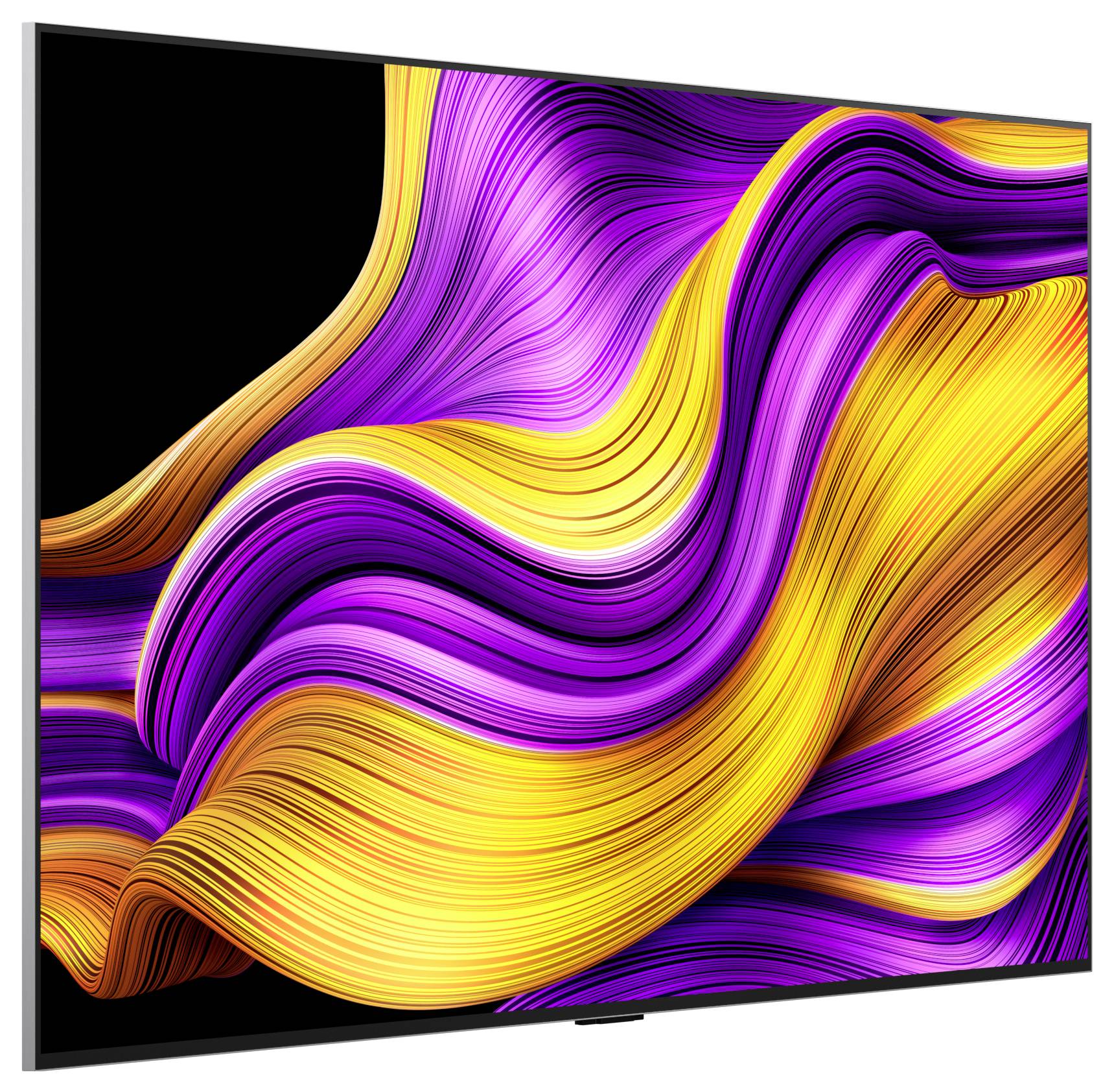 Een levendig beeld van draaiende paarse en gele abstracte vormen op een zwarte achtergrond, die lijken op stromende linten.