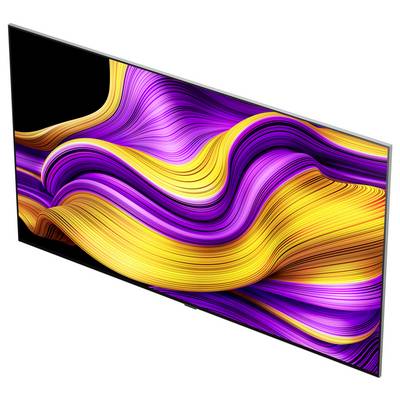 Een slanke, moderne tv met levendige paarse en gele golvende patronen tegen een zwarte achtergrond, waarbij de trillende kleurcontrasten worden benadrukt.