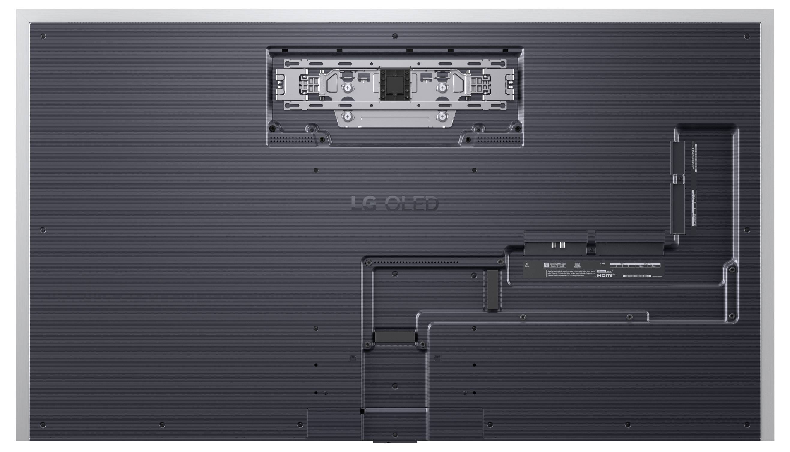 Achterkant van een LG OLED-televisie met plat scherm, waarbij de bevestigingsbeugels en aansluitpoorten zichtbaar zijn.