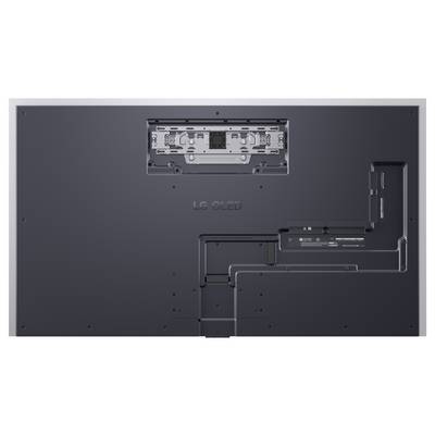 Achterkant van een LG OLED-televisie met plat scherm, waarbij de bevestigingsbeugels en aansluitpoorten zichtbaar zijn.